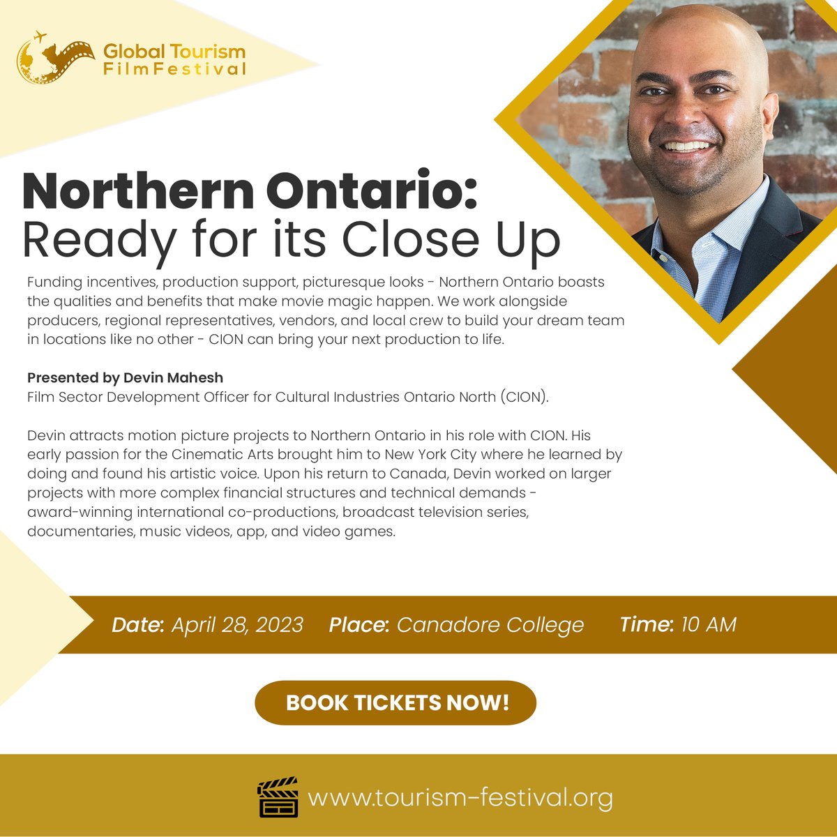 GlobalTourismF1's tweet photo. Budding filmmaker? Don't miss the GTFF seminars on April 28, 2023 at Canadore. Learn from the best and build your dream team in Northern Ontario. Register now! #filmmaking #GTFF #Canadore #NorthernOntario https://t.co/BvFcNpqPOh