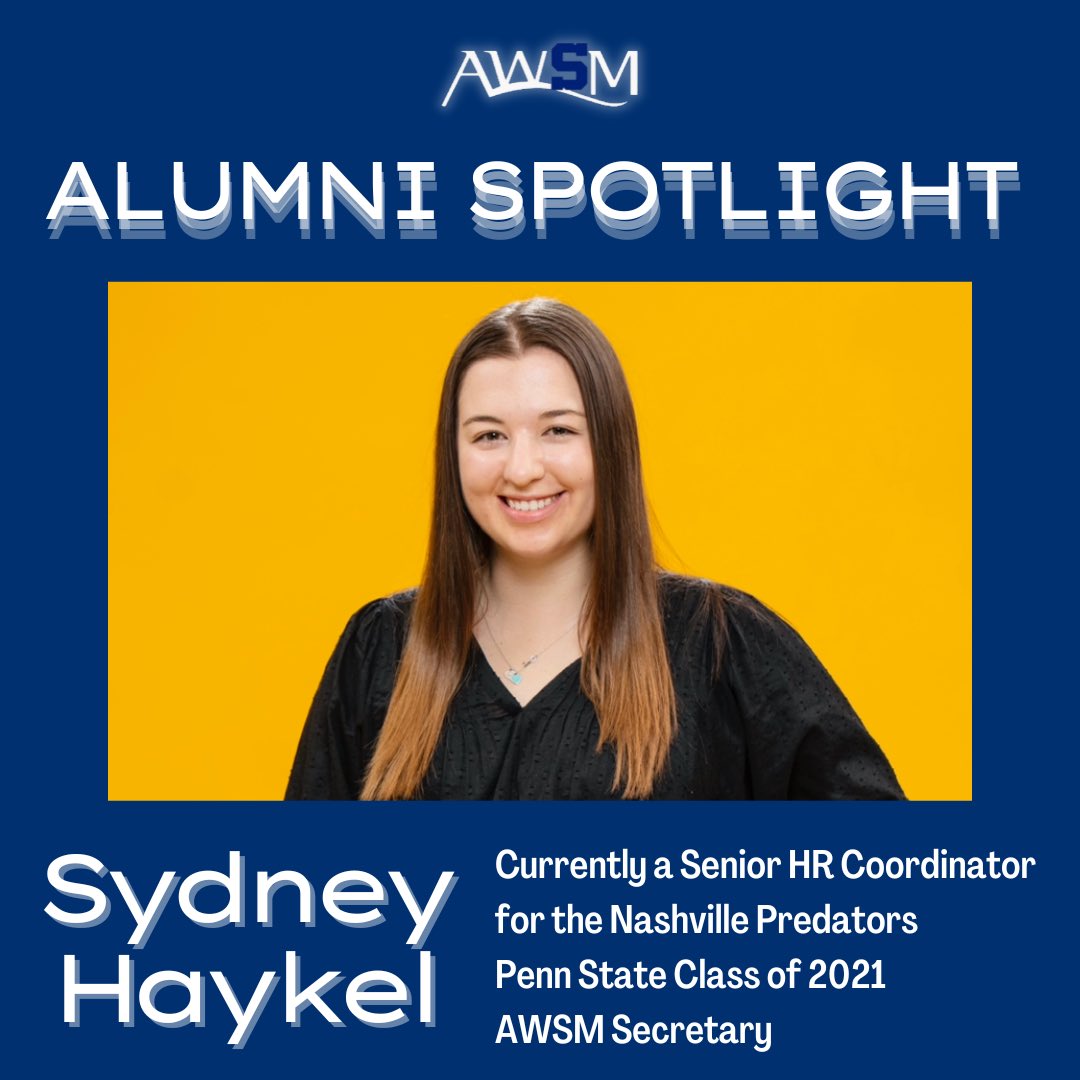 AWSMPennState's tweet photo. For today's AWSM Alumni Spotlight, we are highlighting @HaykelSydney !

She graduated in 2021 and was an AWSM Secretary. Currently, she is a Senior HR Coordinator for the Nashville Predators. 

Thank you Sydney, we are so proud of you! 💙🤍

#WeAre #AWSM https://t.co/UH7gtGG2K7