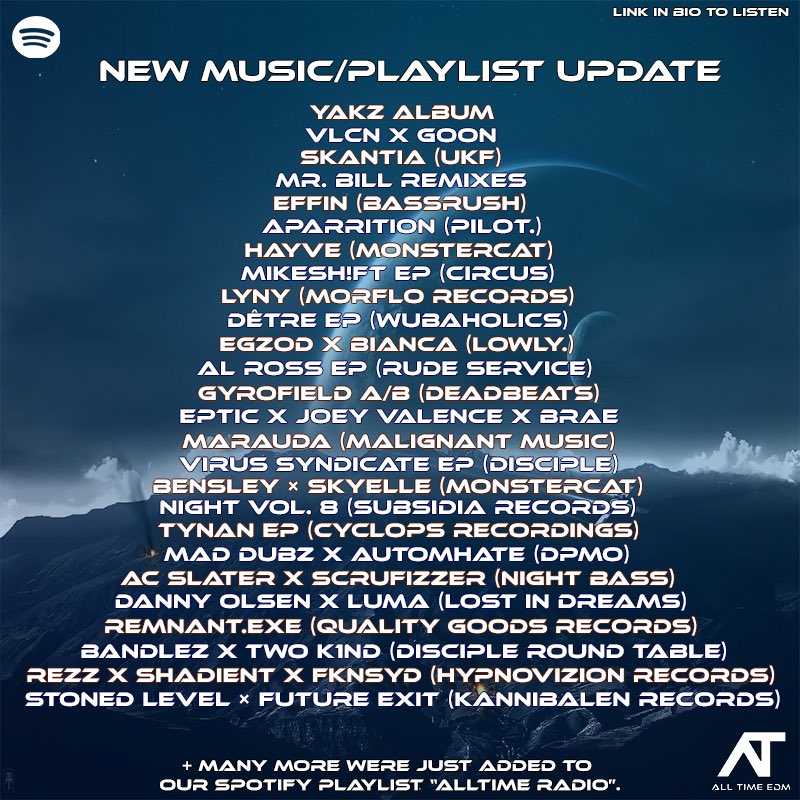 New Music Friday!

@djalross
@gyrofield
@yakzdubz
@detrebeats 
@lynyofficial
@EffinOfficial
@OfficialRezz
@mrbillstunes 
@tynanofficial
@maraudamusic
@virus_syndicate
@remnantsofyore
@bandlez x @TwO_K1nD
@Mad_Dubz x @automhate
@Eptic x @JoeyValence x BRAE
@bensley_music x…