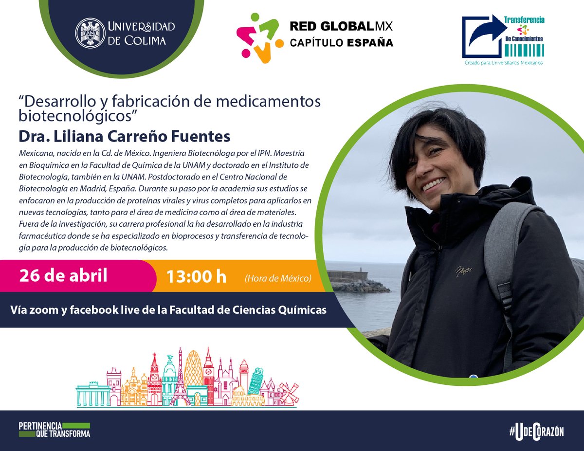 RedGlobalMxEsp's tweet photo. 🗣 #TransferenciaDeConocimientos   
PRESENTA 
"Desarrollo y fabricación de medicamentos biotecnológicos"
Por: Dra. Liliana Carreño @LilCarreno

🔴Transmisión en vivo a través de la página de Facebook
https://t.co/n4aRGP9zd0

#TDC2023
#UniversidaddeColima
#RedGlobalMxEs https://t.co/2l914QhqTJ