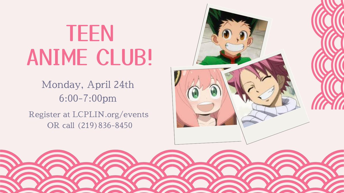 MunsterInLib's tweet photo. Calling all teens!
If you're an anime fan, don't miss our Teen Anime Club tonight.
Join other anime fans as we watch a couple anime episodes, do a fun activity, and have snacks.
#lcpl #teens #anime https://t.co/OeRAgXdbsX