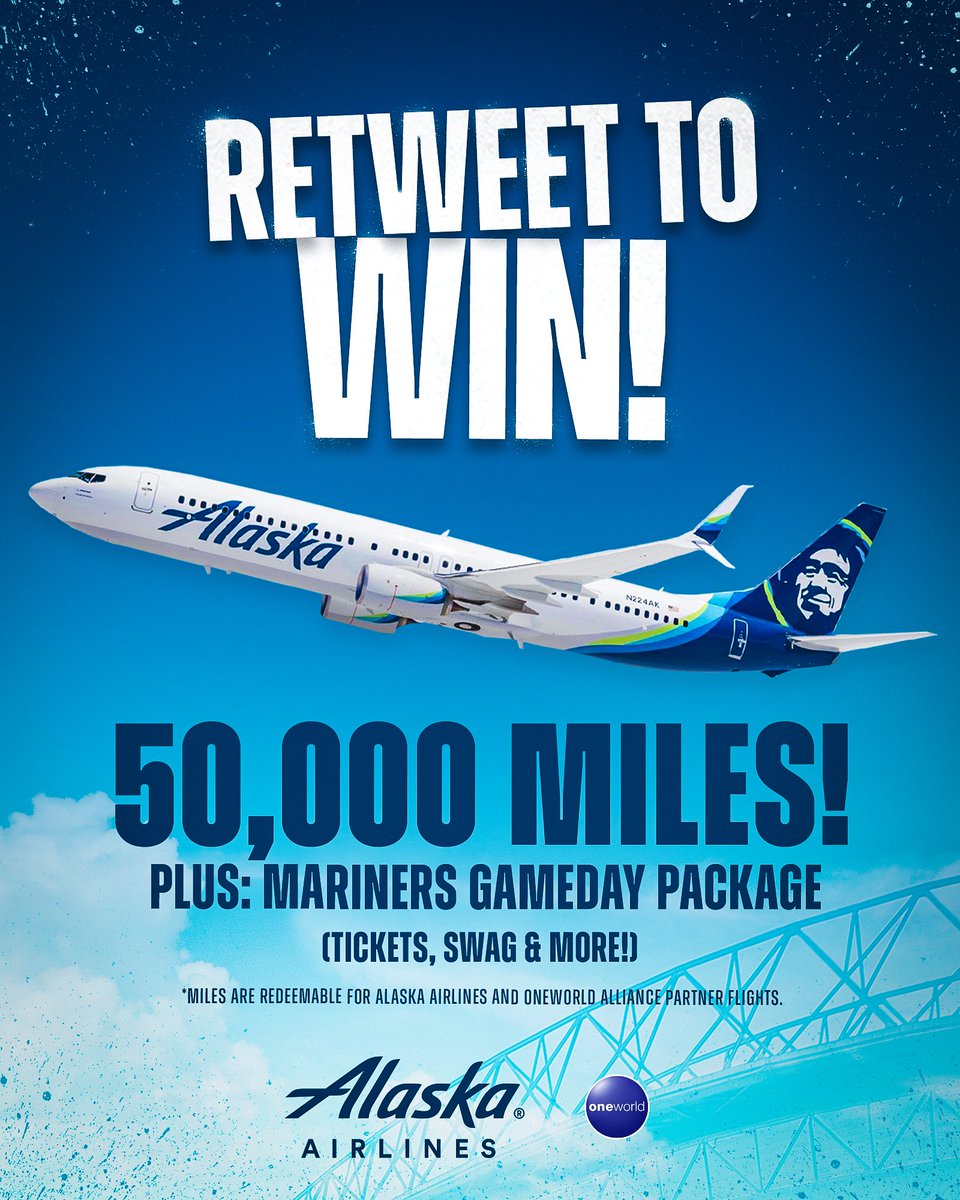 🛫 RETWEET TO WIN 🛬 It’s another Fly, Fly Away Friday thanks to our friends at @AlaskaAir! Just retweet this post for a chance to win 50,000 miles, two tickets to a game and a Mariners gameday package. #FlyFlyAwaySweepstakes atmlb.com/40TsU7X
