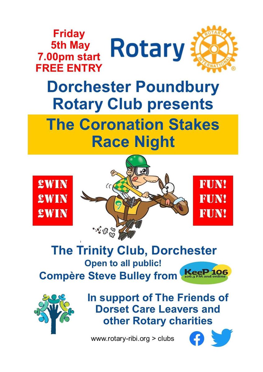 The fab <a href="/PoundburyRotary/">Poundbury Rotary Club</a> have another fun-draising event planned.

👑 Coronation Stakes 👑

Join us 🐎 

<a href="/SteveBulleyUK/">Steve B 🎤🎧📻</a>