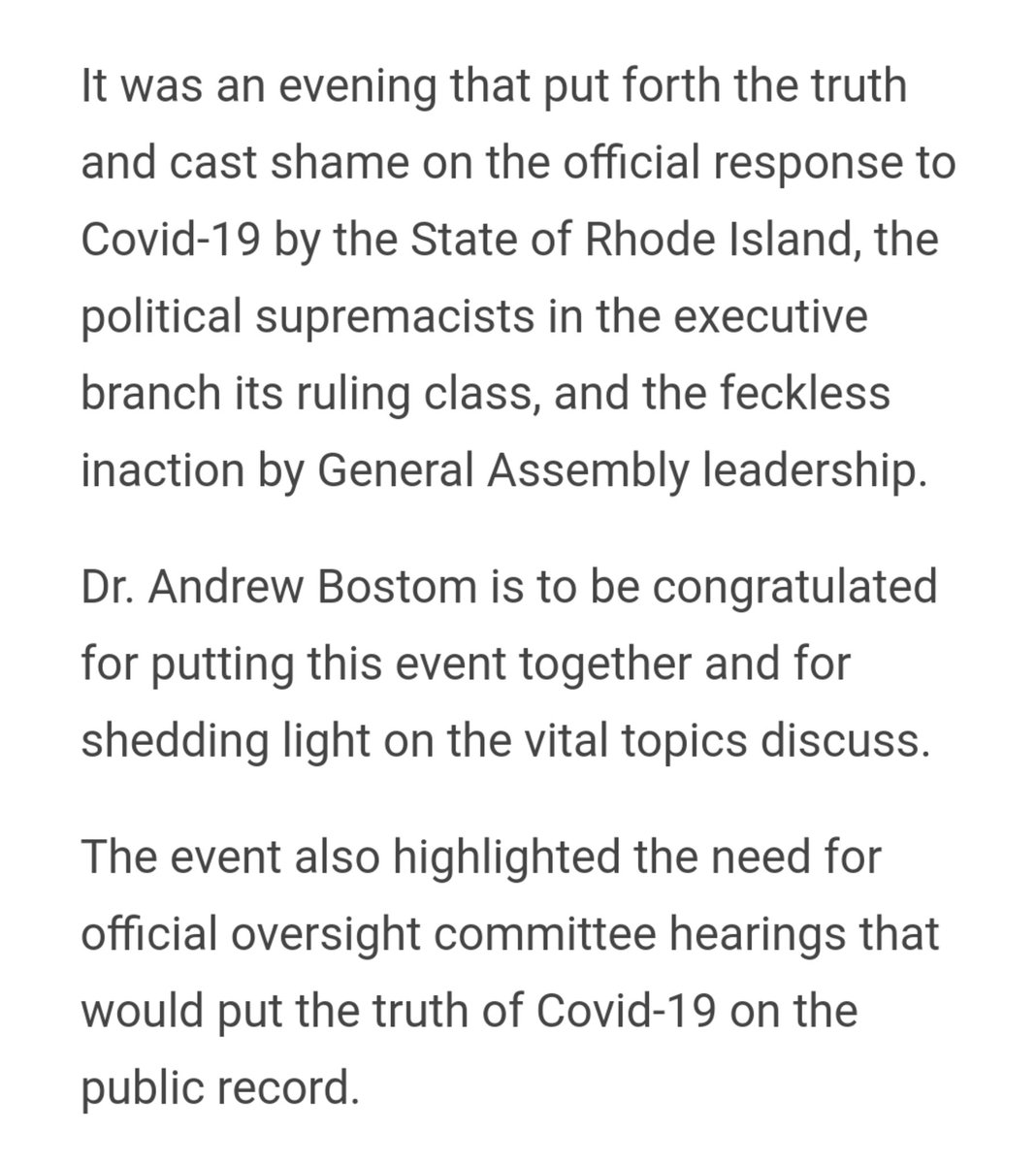 andrewbostom's tweet photo. 11/"It was an evening that put forth the truth and cast shame on the official response to Covid-19 by the State of Rhode Island, the political supremacists in the executive branch its ruling class, and the feckless inaction by General Assembly leadership" https://t.co/lc0zGbJDtU