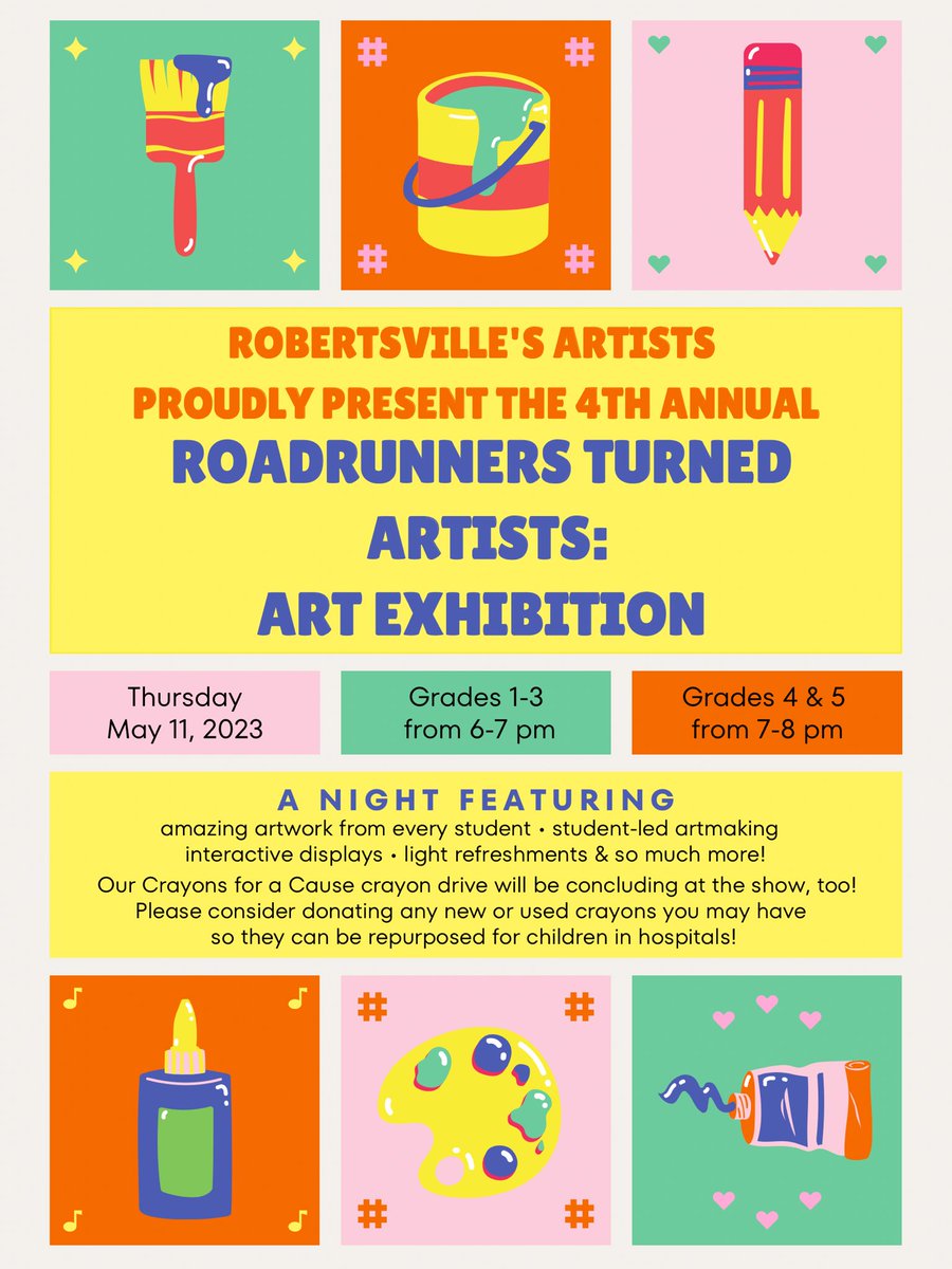 artwmrsc's tweet photo. I am so proud to share, along with @RobertsvilleES ‘s artists, that we are almost ready to host our 4th annual art show! It is going to be such a fantastic night full of artistic celebration! We hope you can join us! https://t.co/nFC7317imK