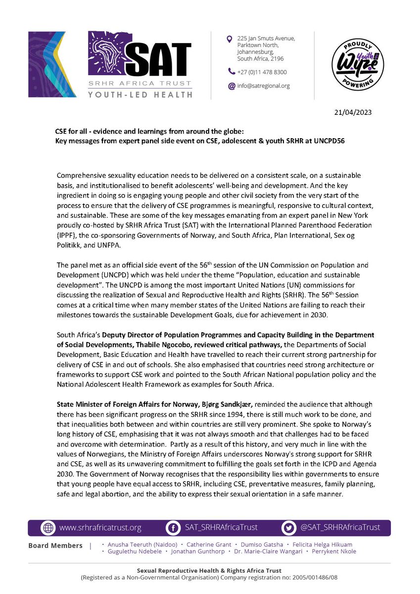 SATZimbabwe's tweet photo. Comprehensive Sexuality Education (CSE) for All: Evidence-Based Strategies and Global Learnings for Promoting Adolescent and Youth Sexual and Reproductive Health and Rights (SRHR) - Insights from Expert Panel Side Event at the 56th Session of the (UNCPD56) https://t.co/xigS7ukZol
