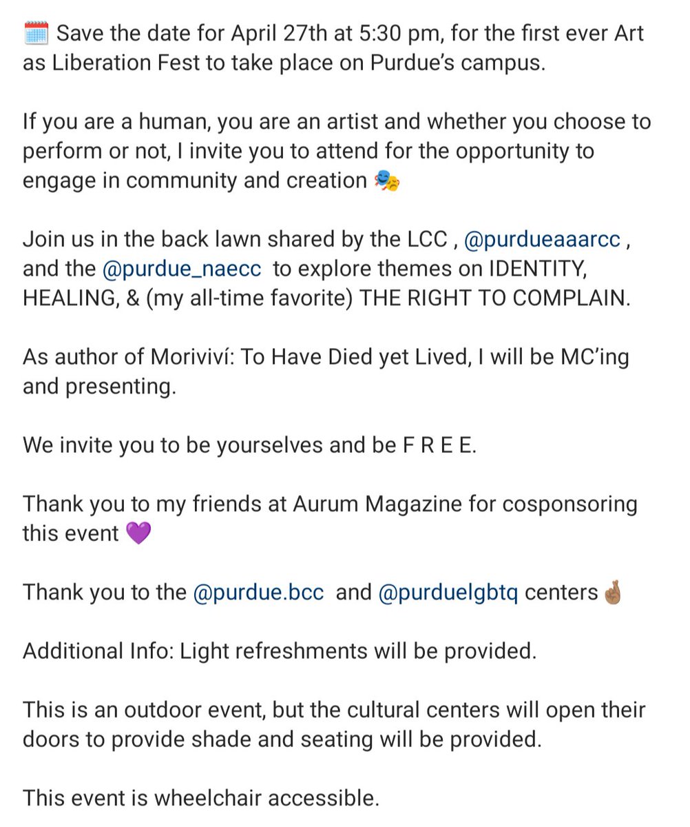 purduehonors_st's tweet image. Please see below an event organized by @PurdueHonors student Kamilah Valentin Diaz 👇🙌

🗓️ Save the date for April 27th at 5:30 pm, for the first ever #Art as #Liberation Fest to take place on Purdue’s campus.

#purduehonors #boilerup 

Swipe images for more details 👉