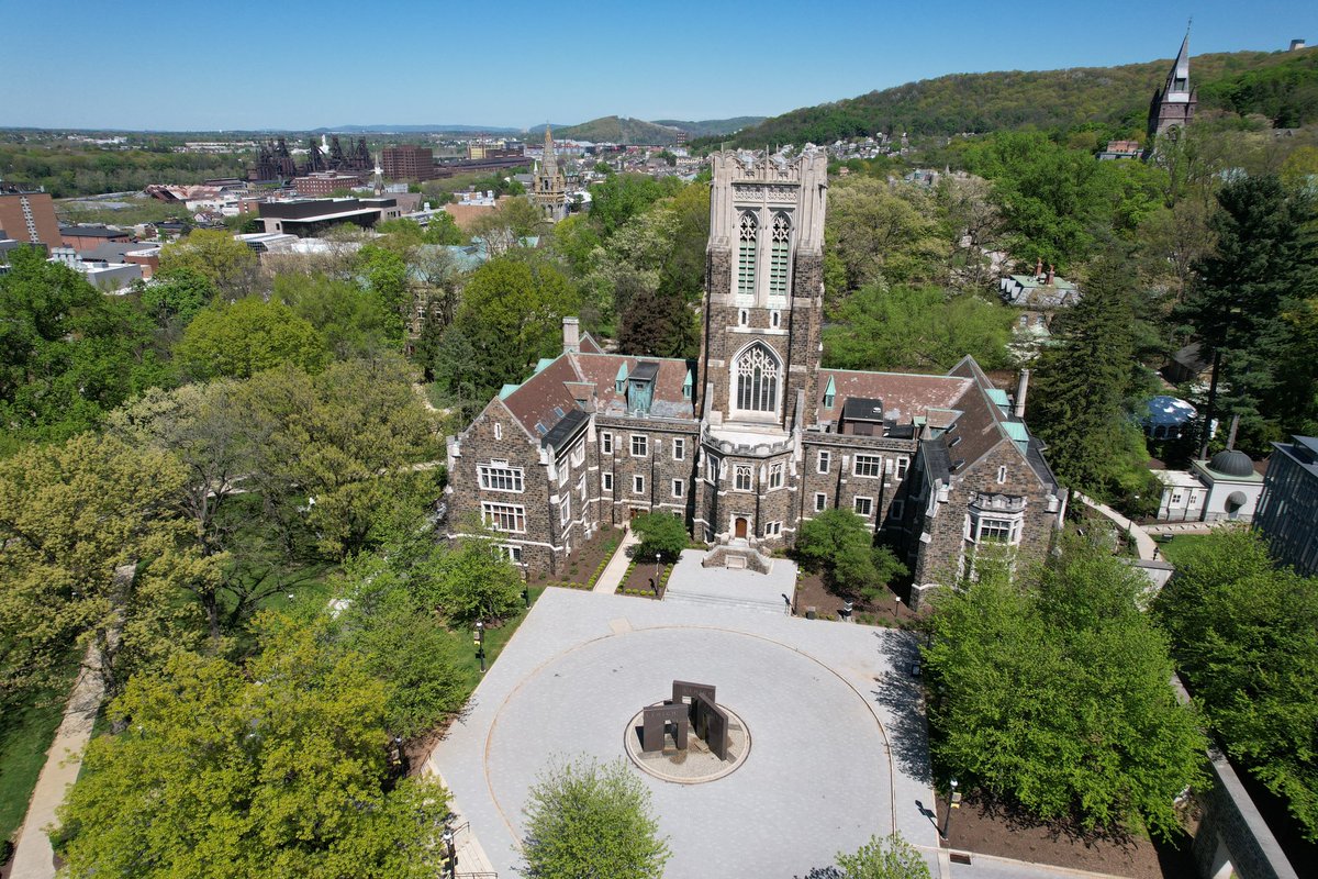 Aerial photo of Alumni Memorial building with a view of the Bethlehem steel stacks in the back ground.