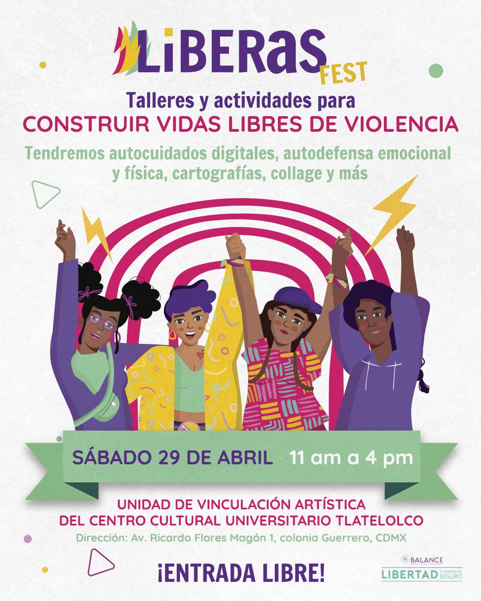 imezesuge4's tweet photo. RT @balancejoven: Ven al #LiberasFest, 💜 una jornada de talleres y actividades para construir vidas libres de violencia. Tendremos autocuidados digitales, autodefensa, ¡y más!

📆 29 de abril, 11am a 4pm. 
📍UVA Tlatelolco (@uva_ccut)
👥Para mujeres y d… https://t.co/DtOIe0MLSi