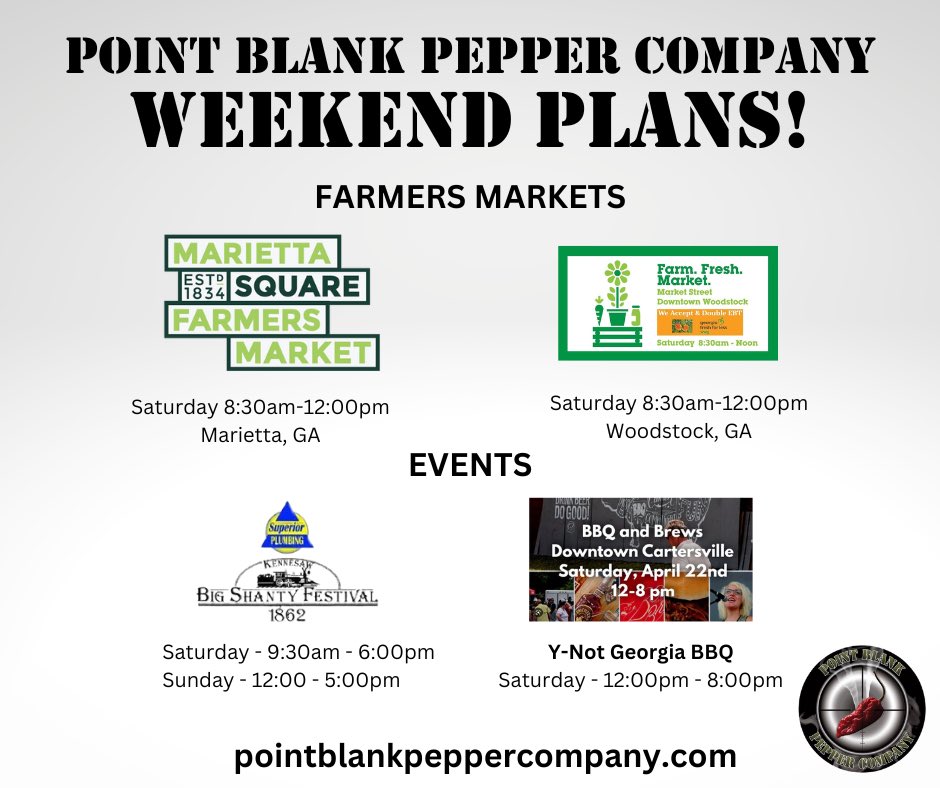 PntBlankPepper's tweet photo. Busy weekend for us means four opportunities for you to pick up your Peppers and Sauces!
#pointblankpeppercompany
#smokerings
#tablesauce
#tablesauceversion20
#hallowrings https://t.co/aHMeSAag7b