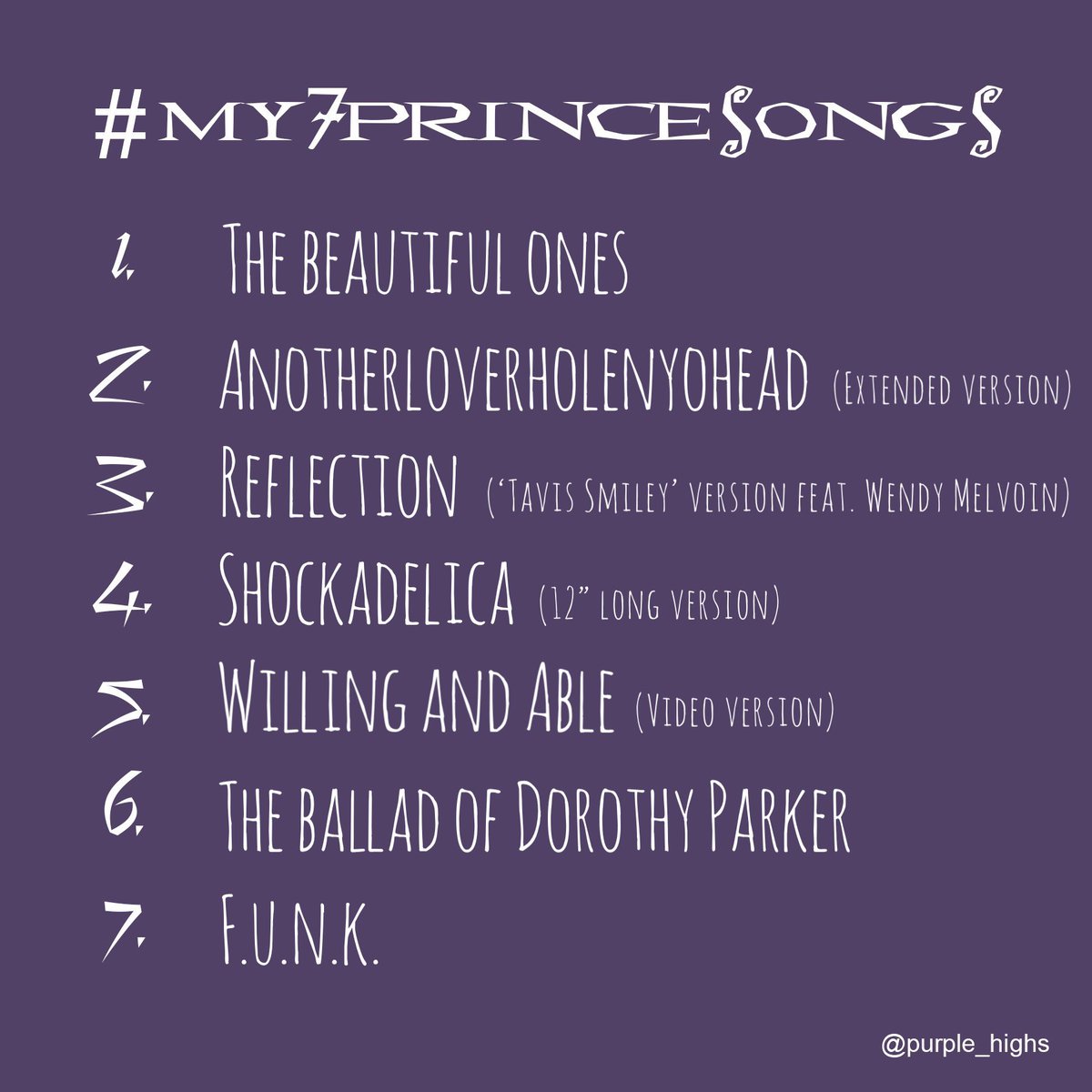 Celebrating the legacy of #PRINCE & honouring his memory by sharing his music with the world Here are 7 of my favourite Prince songs (Ask me again in a minute and I’d probably have 7 different ones) #My7PrinceSongs #Prince4Ever 🎼💜🎶 Thanks to @PurpleHighs for the template 💜