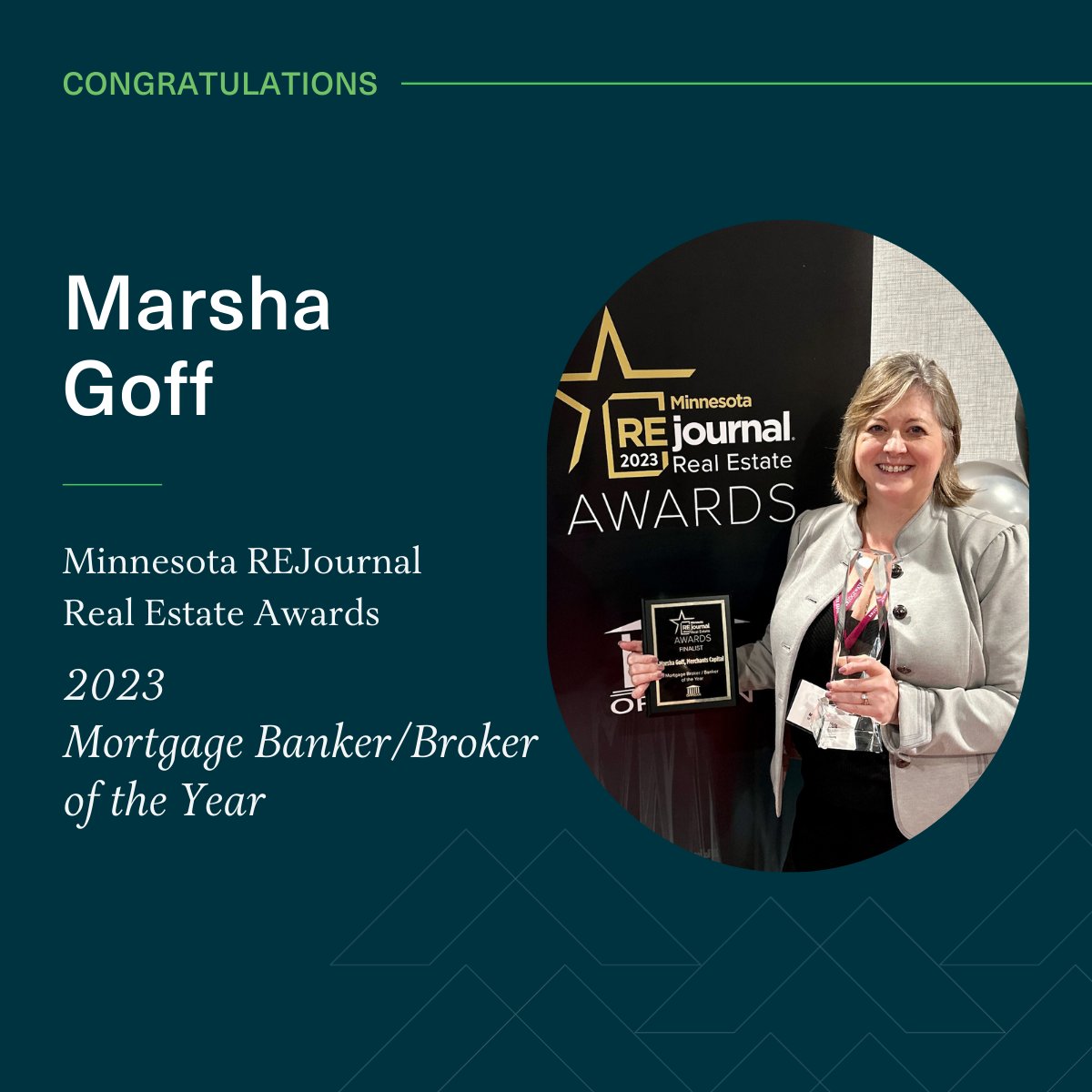 MerchantsCap's tweet photo. Merchants Capital is thrilled to announce our very own Executive Vice President Marsha Goff was named Minnesota Real Estate Journal’s Real Estate Awards 2023 Mortgage Banker/Broker of the Year!
#MerchantsOnTheMove #mrejawards #rejournals #housingfinance #TopLender https://t.co/T6WSiEEwsQ