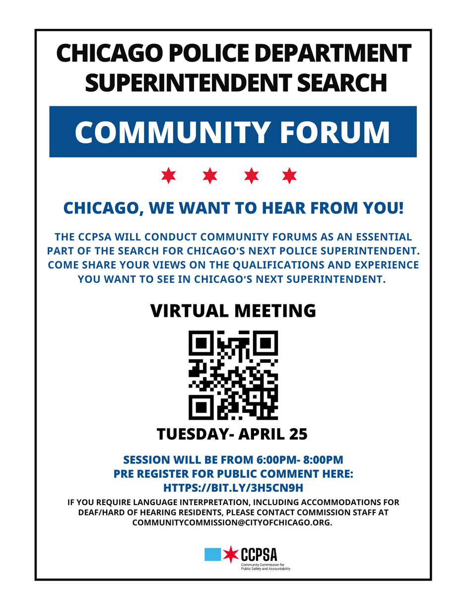 CCPSA_Chicago's tweet photo. The CCPSA invites you to our virtual Community Forum on Tuesday, April 25, 2023 via Zoom from 6pm-8pm. Residents can register here: https://t.co/jy6Baua3lY. 

Residents can also pre- register for public comment here: https://t.co/G9kVm9HTA0 https://t.co/CjRoBYs2l0
