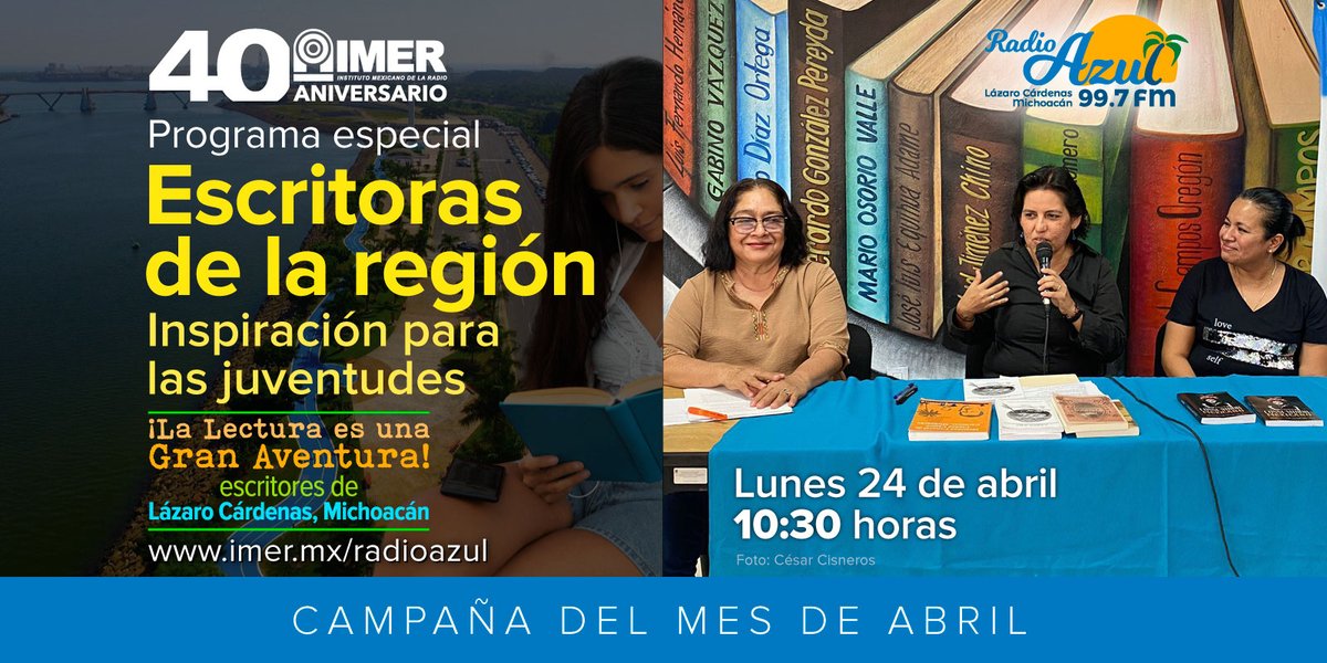 RadioAzul_FM's tweet photo. ¡LA LECTURA, UNA GRAN AVENTURA!
ESPECIAL DE ESCRITORAS
En el marco del día mundial del libro y del derecho de autor te acercamos a las escritoras de nuestro Municipio de Lázaro Cárdenas, Michoacán.
!Síguenos!
https://t.co/FAs3cjjq9l https://t.co/Pu4D41A66J