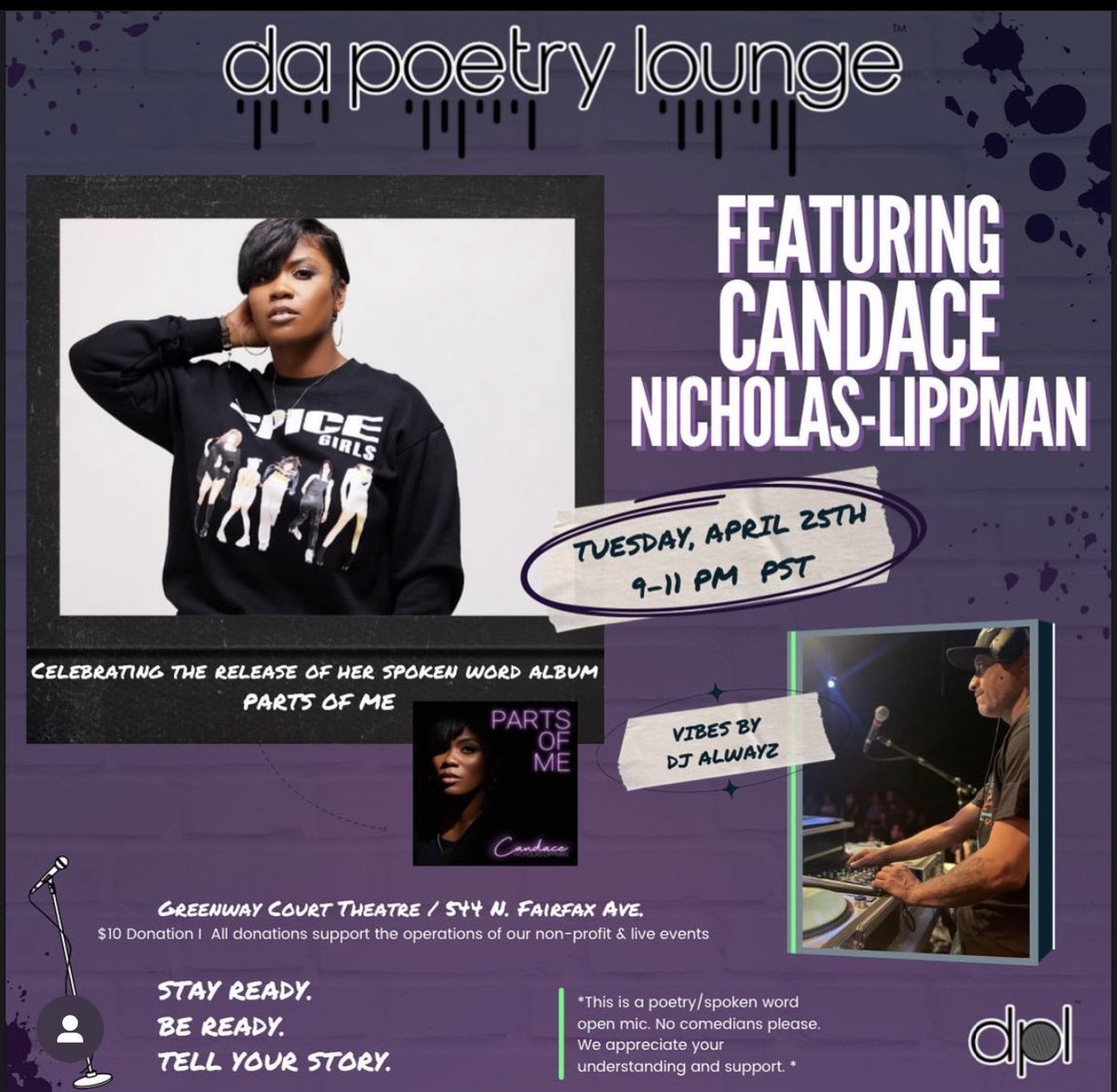 DaPoetryLounge's tweet photo. HAPPY FRIDAY! We are closing out National Poetry Month next week with these amazing events! Mark your calendars! SWIPE ➡️ FOR OUR APRIL LINE-UP 🔥. #DPLTUESDAYS! GREENWAY x DPL https://t.co/js34n2srGP