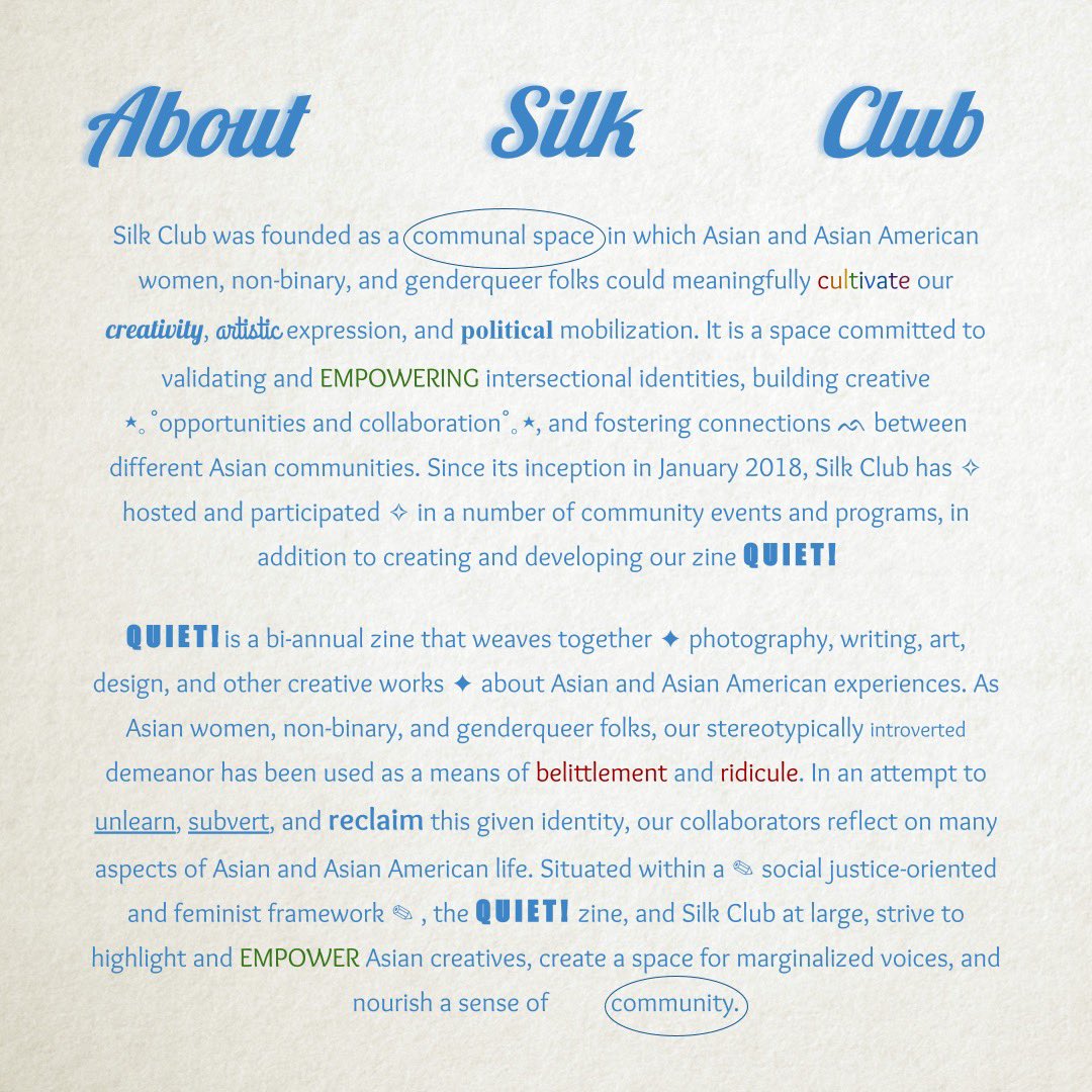 🪷 Since the release of QUIET! 10 is upon us, we wanted to reflect on Silk Club’s guiding principles. We are proud to present our updated description!

💟 Graphic by: Anna Ranabijuli
💝 Updated by Safa Michigan