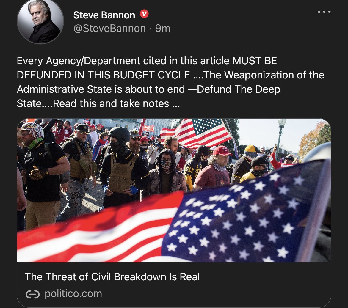 BANNON: Every Agency/Department cited in this article MUST BE DEFUNDED IN THIS BUDGET CYCLE ….The Weaponization of the Administrative State is about to end —Defund The Deep State….Read this and take notes … 

politico.com/news/magazine/… @sns_1239