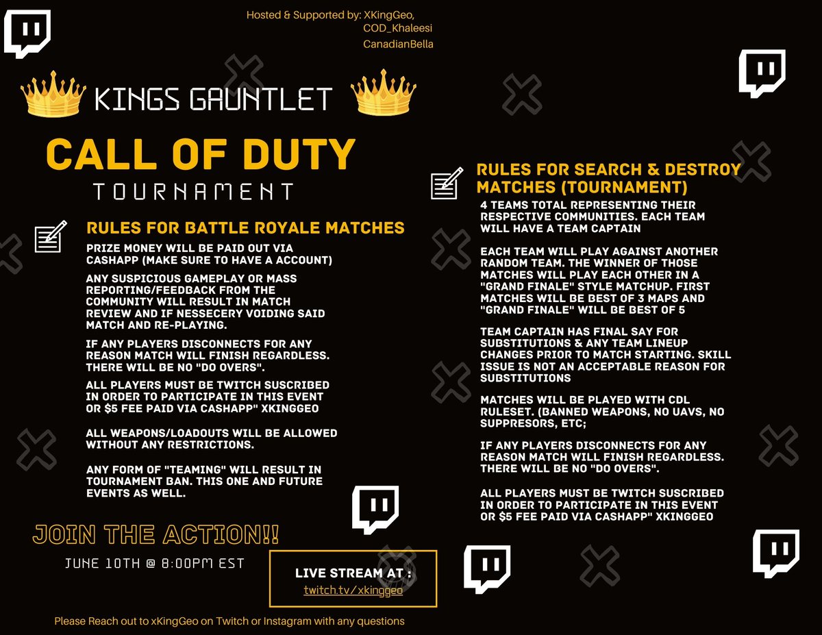 xKingGeo's tweet photo. Here are the official flyer promo and rules for the tournament happening on June 10. Please react to this post using the reaction below to confirm you have seen this. Also reach out to me via DM if you would like to participate in the tournament. At the moment, this is for subs https://t.co/XYJRL1xPD5