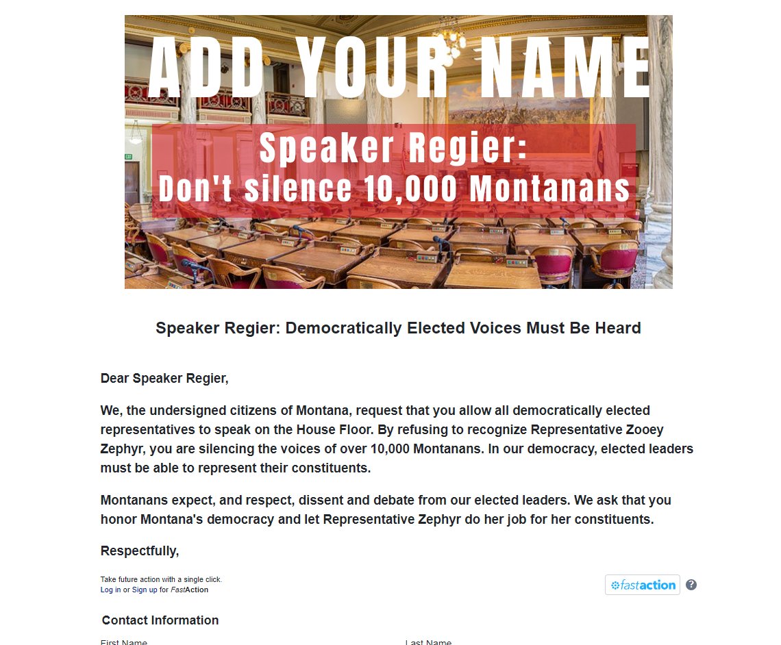 Hey everyone!

There is currently a petition drive to Speaker Regier to allow Representative Zooey Zephyr to speak and to stop disenfranchising 10,000 voters.

Please share far and wide and please sign.

bit.ly/imwithzooey