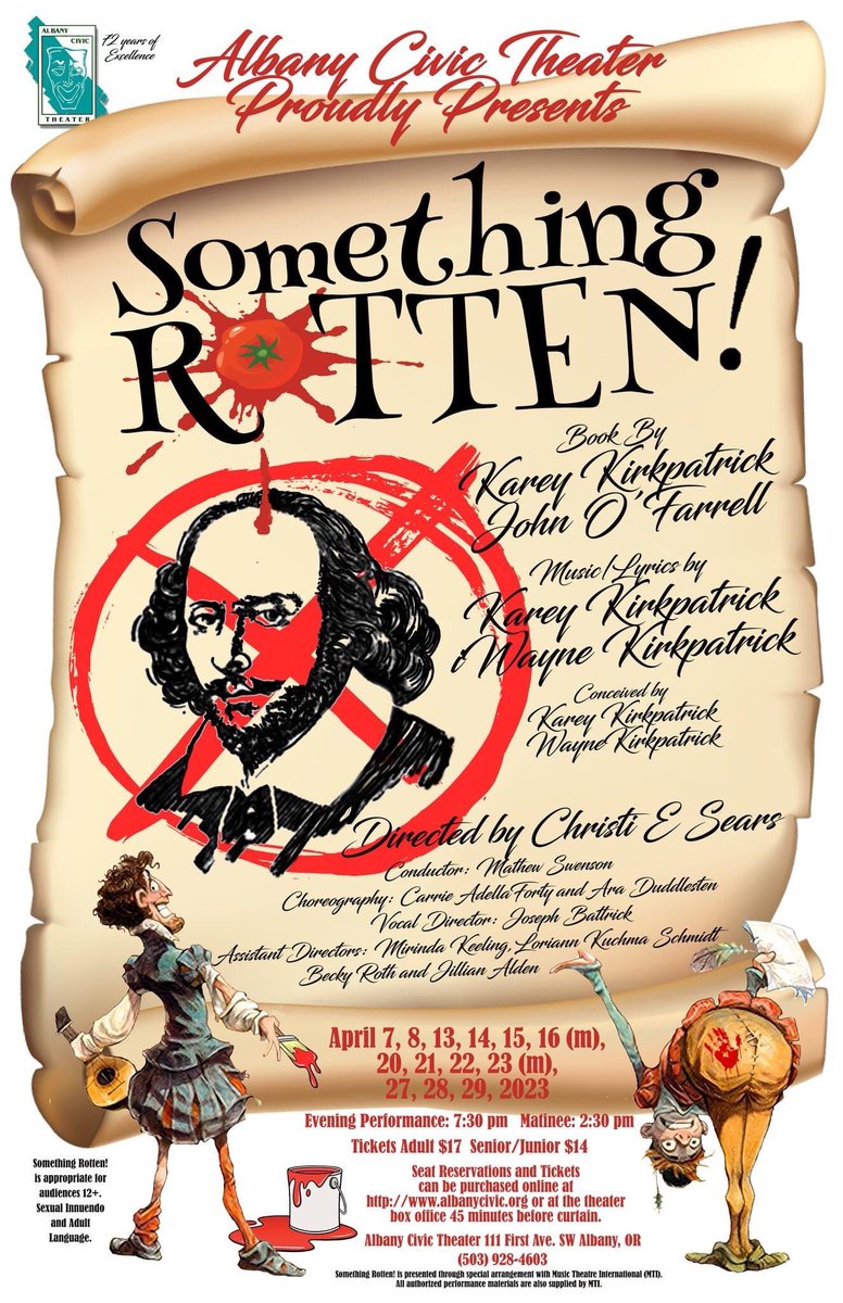 JillianAshlie's tweet photo. Hey, come catch Something Rotten this weekend of next weekend at @albany_civicOR. This is a hilarious musical that you don't want to miss! https://t.co/HY66q0Qszs