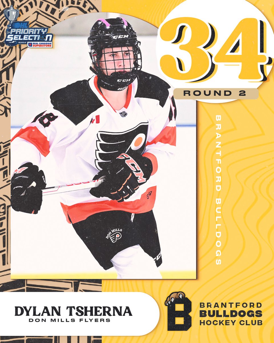 With the 34th overall pick in the 2023 #OHLDraft, the Brantford Bulldogs are proud to select forward Dylan Tsherna!

#WeBuild #DawgMentality