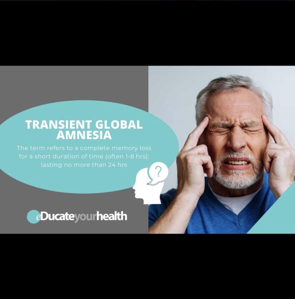 Generally, TGA is a solitary event; however, a small percentage (~5%) of patients who have had TGA may experience a recurrent event. To learn more about it go to our website:

educateyourhealth.com/patients/trans…

#educate #stayhealthy #staysafe #amnesia