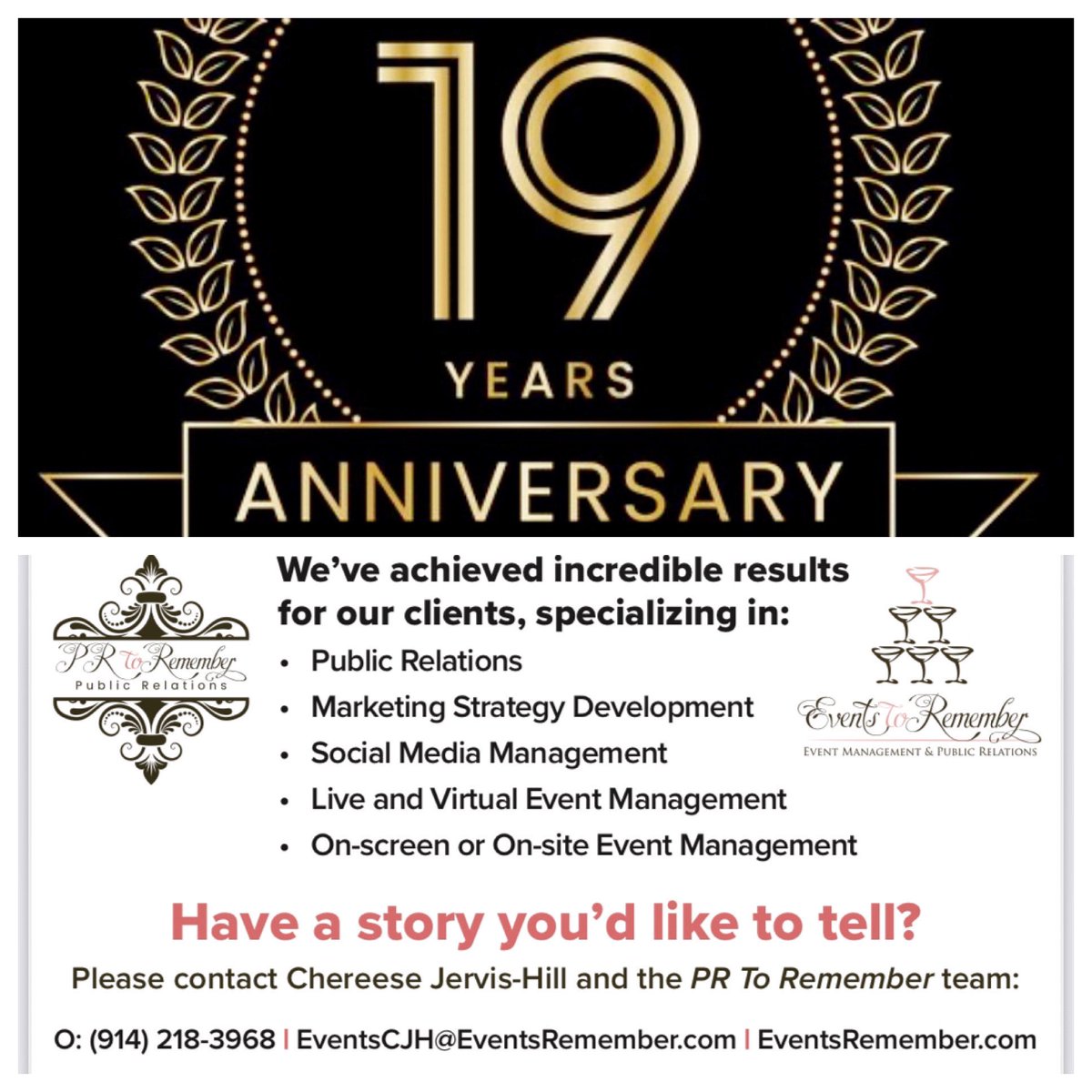 EventsRemember's tweet photo. Today officially marks our 19th year in business 🥰! Thank you for giving us the opportunity to serve you for almost two decades. I can’t believe my 3rd child #EventsToRemember + #PRToRemember is almost an official adult. I’m filled with much gratitude ❤️❤️❤️ Love, Chereese https://t.co/JgNrOCLVHL
