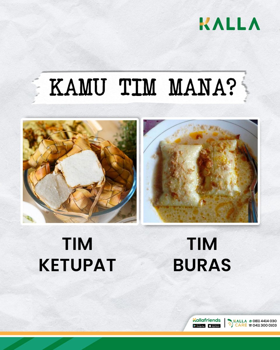 KallaGroup_ID's tweet photo. Kalau moment Lebaran gini, kamu tim yang mana nihhhh Kalla Friends?👀 

#KALLA  #EidMubarak #IdulFitri #Lebaran #PutriSalju #Nastar #Ketupat #Buras #OporAyam #Rendang https://t.co/Xhd82RJjRs