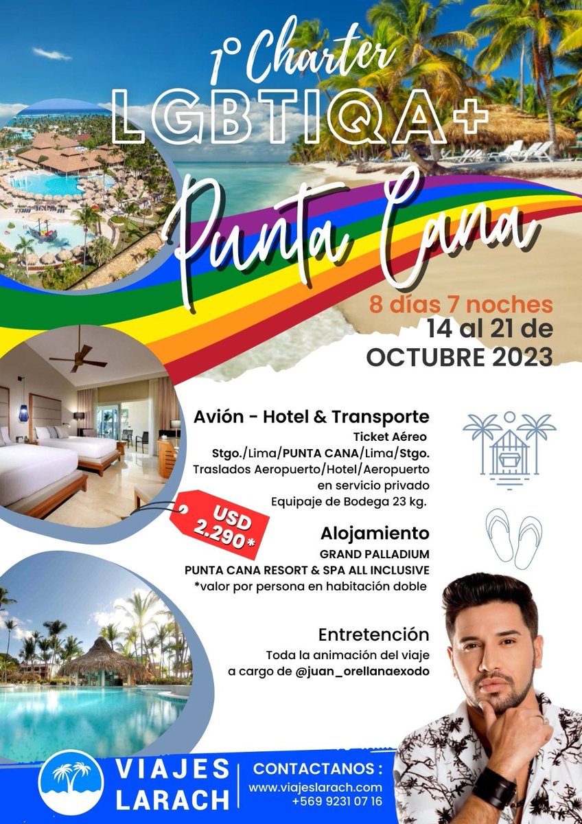 CanalExodo's tweet photo. Este puede ser el viaje de tus sueños!! Primer Charter #lagtbiqa+ en @ViajesLARACH Haz tu reserva y consulta sin compromiso. @IgualesChile @Movilh @meganoticiascl @0_chile @Discos_Gay https://t.co/5Z4EiVI96e