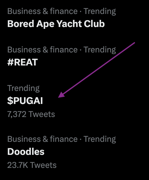 🐶 $PUGAI TOP TRENDING ON TWITTER 

We are entering Stratosphere! $PUGAI is top trending with 7,300 tweets per day!

Retweet and comment $PUGAI, I will pick 3 lucky people for extra #airdrop!