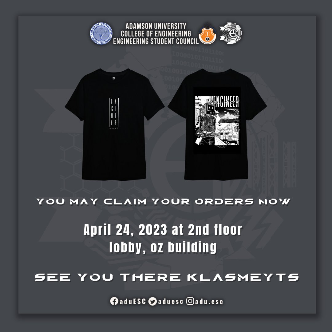 aduesc's tweet photo. ‼️CLAIMING OF ORDERS‼️

Your AdU-ESC shirt is available for pickup on Second Floor, OZ Building on Monday, April 24, 2023.

See you there, klasmeyts!

#OneCOE 
#ESCalate https://t.co/CwBD3pCpDc