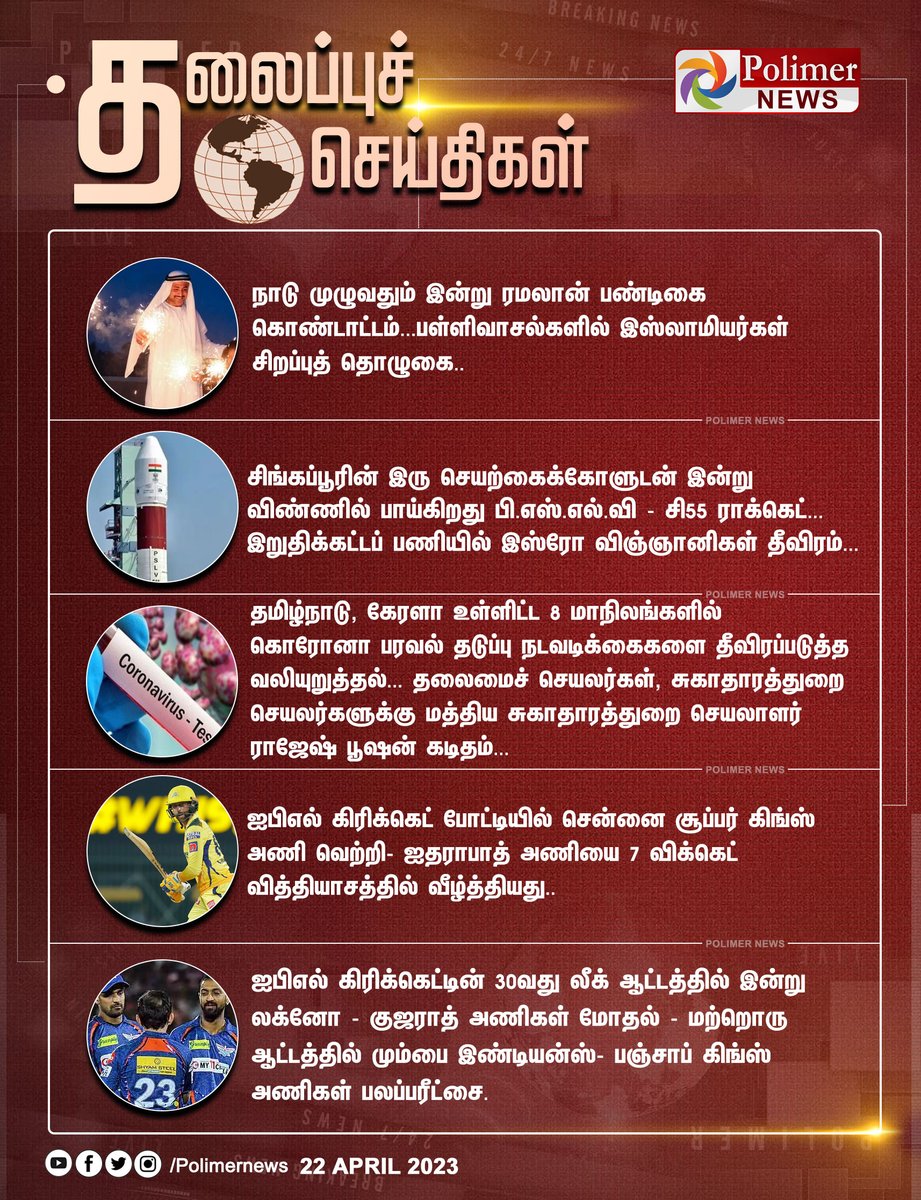 polimernews's tweet photo. #HEADLINES || தலைப்புச்செய்திகள் | #Ramadan | #CoronaVirus | #IPLCRICKET | #PSLVC55Rocket | https://t.co/CKGwVurgWm https://t.co/irXPHvkTwL