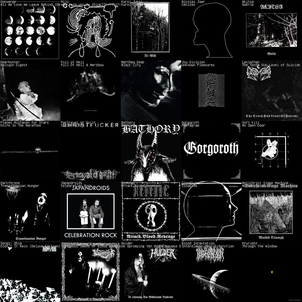 cosklie's tweet photo. Black with white album artwork for this week’s Friday 5x5. Probably won’t do a color theme 5x5 for next week, but I already have more planned for the following weeks! Hope y’all are having a great Friday! 4/21/23. https://t.co/VnvRT7EvRo
