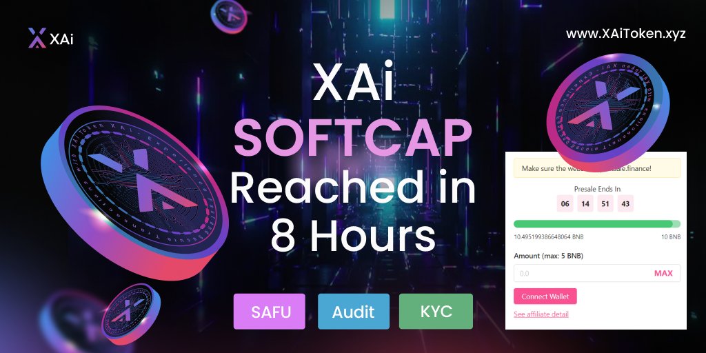 🎉 Exciting news! 🎉 The XAi Pinksale Fairlaunch Softcap has been reached in just 8 hours!

Fair Launch Link: pinksale.finance/launchpad/0x9f…

✅ Softcap Reached
✅ SAFU 🛡 
✅ KYC 📋 
✅ AUDIT 📊 
✅ DOXXED

#XAi #Crypto #Pinksale #fairlaunch #presale #token #altcoin <a href="/xai_token/">XAi</a>