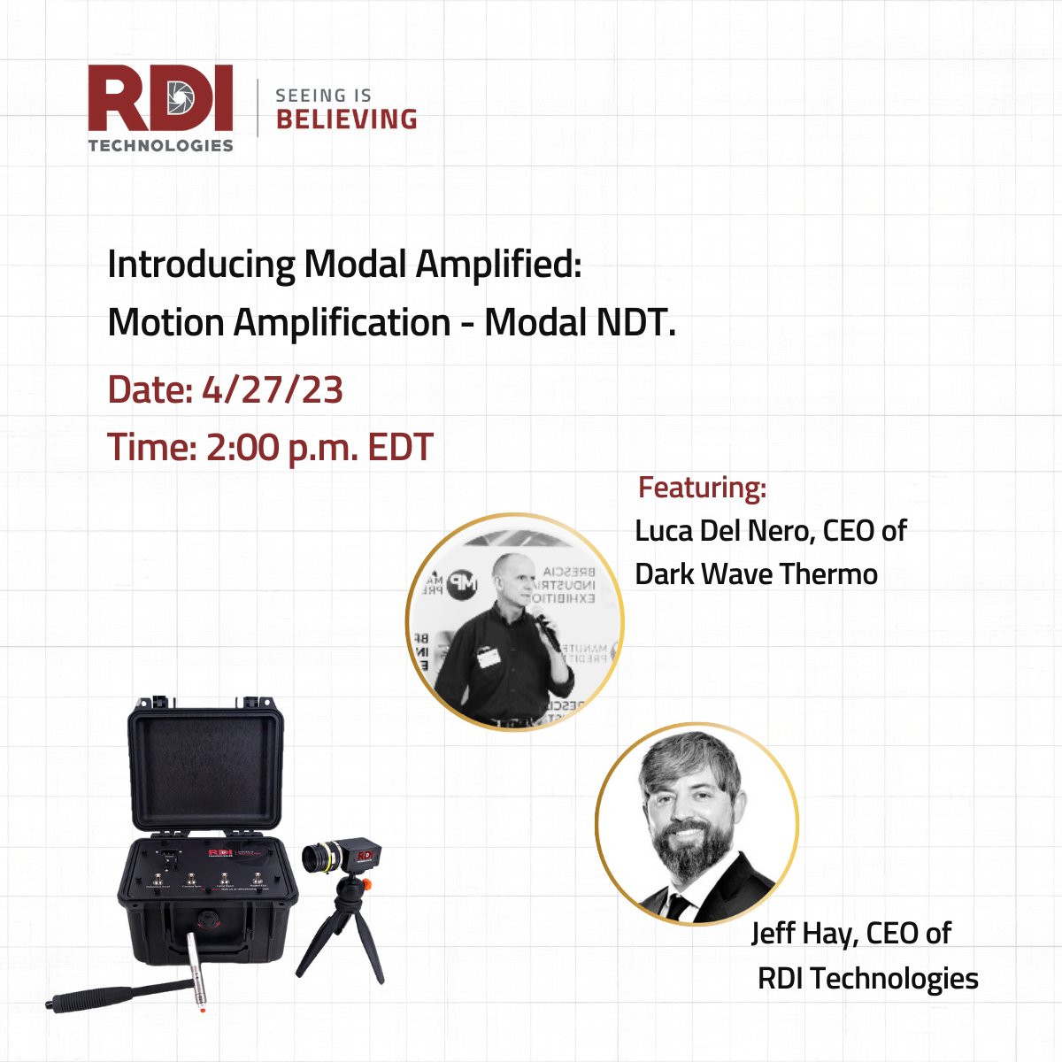 rditechnologies's tweet photo. Are you registered for next Thursday's webinar with Jeff Hay &amp; Luca Del Nero? Save your spot and register to attend to learn how to work smarter, not harder, when performing modal analysis.  https://t.co/RLszVgit1x
#ModalAmplified #MotionAmplification #NDT #ModalTesting https://t.co/PuJLDDHcjk