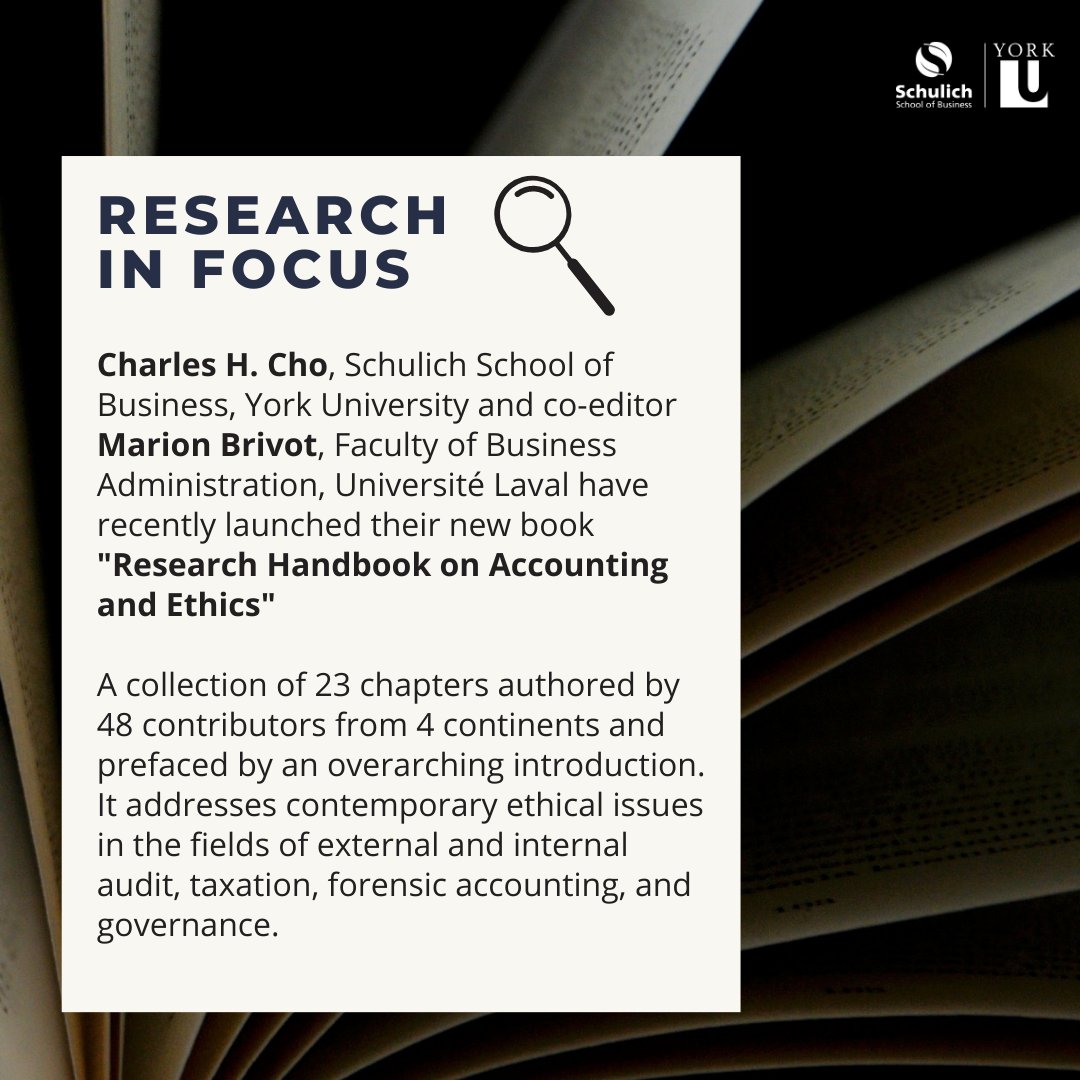 Announcing a new book co-edited by Schulich Professor Charles H. Cho, PhD, CPA  and colleague Marion Brivot from Université Laval. 

"The  Research Handbook on Accounting and Ethics " can be ordered from e-elgar.com/shop/usd/resea…