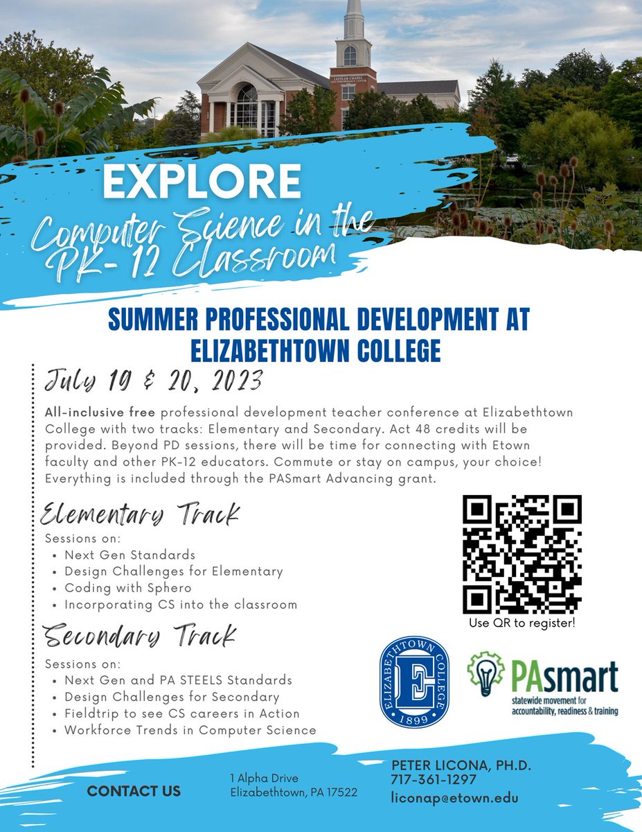 Elizabethtown College is hosting a retreat 7/19-20 on CS in the K-12 classroom across the subjects (both elementary and secondary levels)!  This is a free PD with Act48 credits available.  <a href="/BillJr99/">Bill Mongan</a> <a href="/ShrakeTechnolo1/">Shrake Technology</a> h/t <a href="/CSTASusquehanna/">CSTA Susquehanna Valley</a>