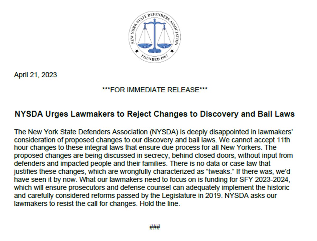 NYSDA Urges Lawmakers to Reject Changes to Discovery and Bail Laws