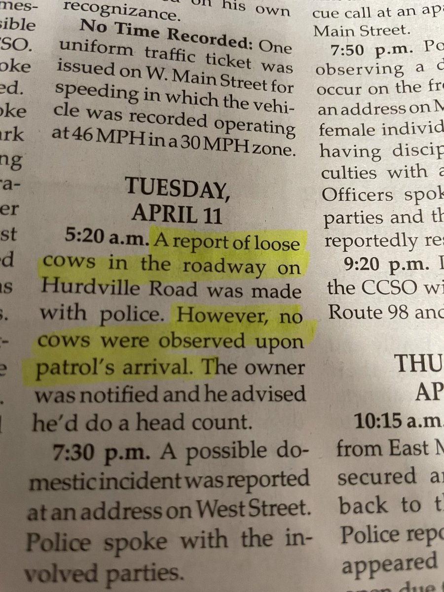 slysom's tweet photo. My favorite police blotter story is back! But with a twist… ghost cows? Or are in they inter-dimensional? 😂 https://t.co/reXGFVh5FU
