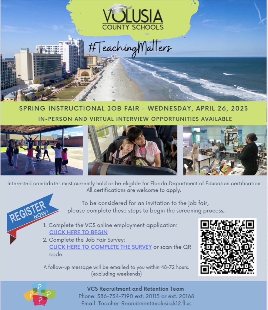 Are you ready to #JoinOurTeam?! We can’t wait to welcome you to our VCS Family at the Job Fair next week!!! 
𝘚𝘦𝘦 𝘠𝘰𝘶 𝘛𝘩𝘦𝘳𝘦 4/26: tinyurl.com/Spring23JobFair 🍎

#WhyVolusia #NowHiring #K12jobs #TeachingMatters #SchoolJobs