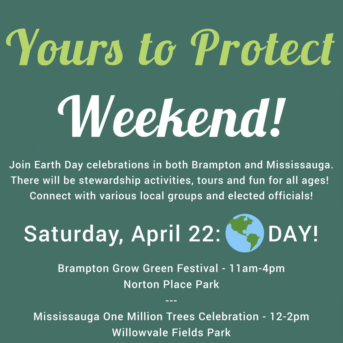 Here are your events in Peel Region on Saturday, April 22nd as part of #YTPweekend! It will be a very rainy #EarthDay2023, so be sure to dress for the weather! 🌎

See you there!
#HandsofftheGreenbelt #StopBill23 #Stopthe413