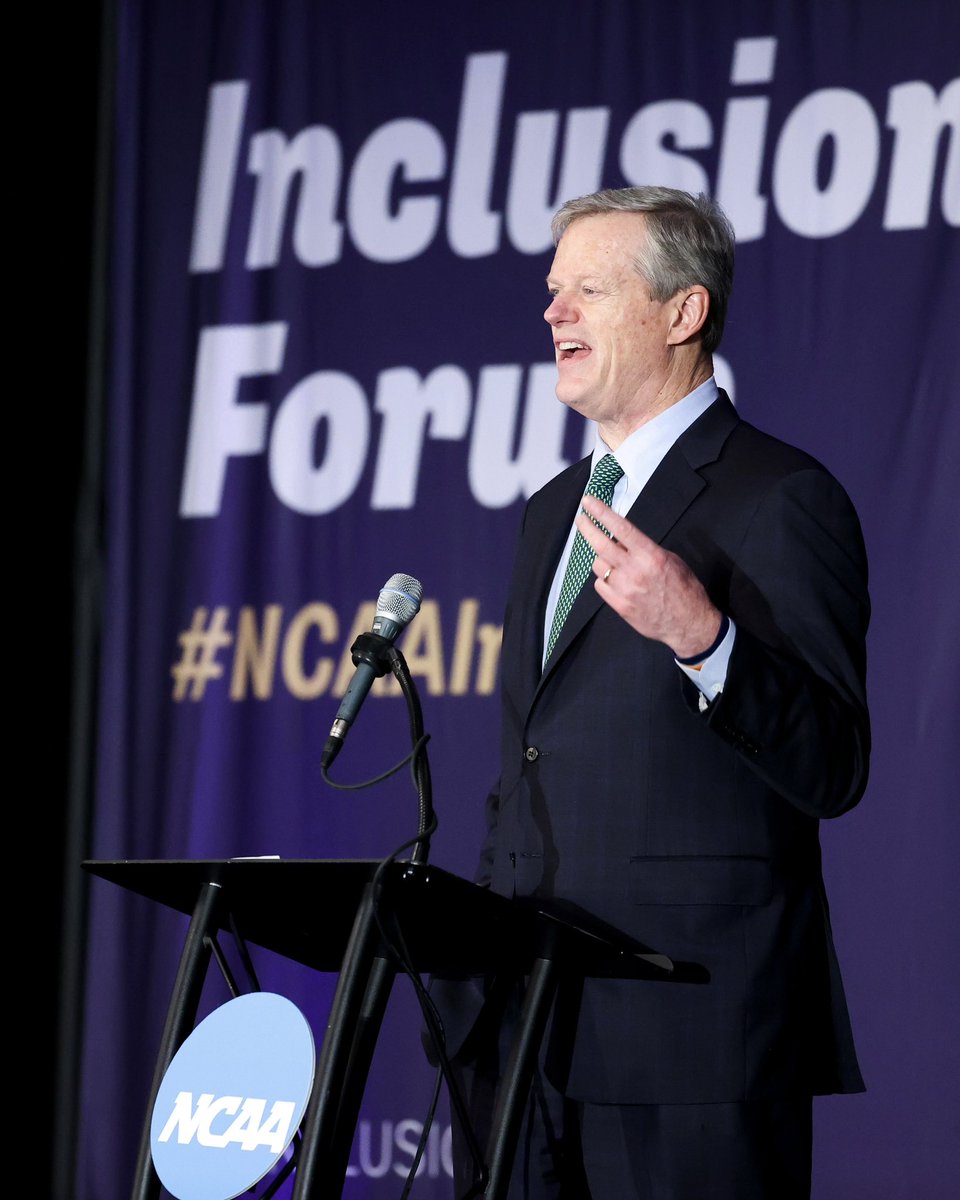 NCAA's tweet photo. On his 50th day as NCAA President, @CharlieBakerMA welcomes more than 600 administrators and student-athletes to the NCAA Inclusion Forum in Indianapolis! 

#InclusionForum https://t.co/hWpM0EAF5c