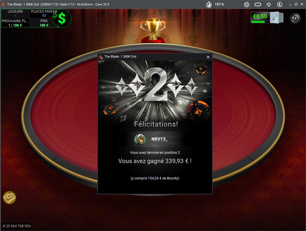 NrV_13's tweet photo. Allez la ! Deuxième sur le The Blade de @FRpartypoker . Meilleure room pour moi 😜Je me suis fait détruire en HU par un reg mais content de la perf 💪 https://t.co/qtCdShHNOj