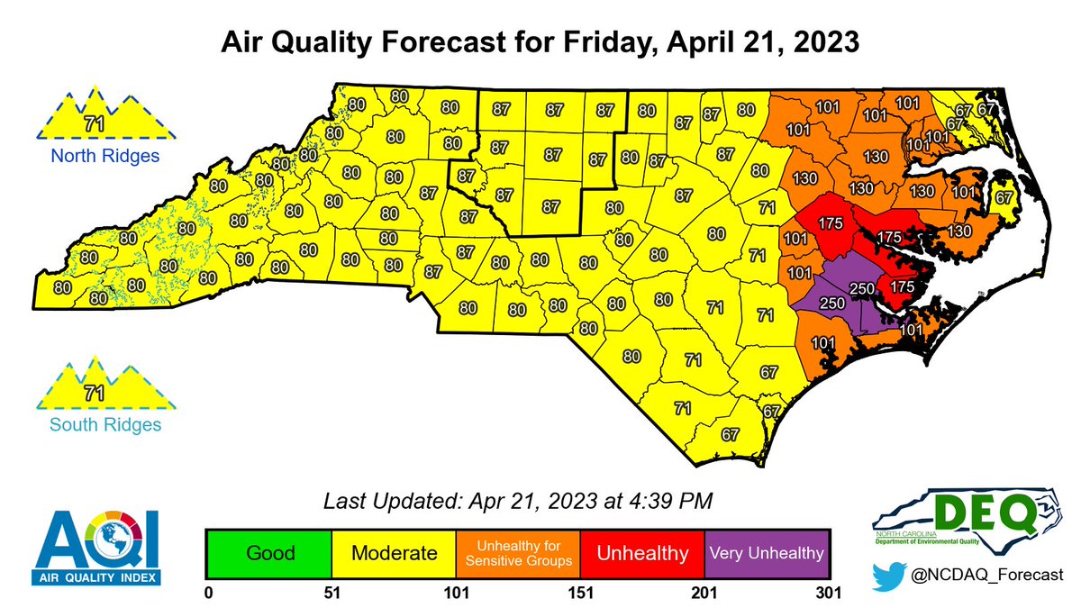 NCDAQ_Forecast's tweet photo. URGENT (4:42PM FRIDAY 4/21/2023): UNHEALTHY TO HAZARDOUS AIR QUALITY LIKELY OVER EASTERN NORTH CAROLINA THROUGH TOMORROW OWING TO SMOKE FROM GREAT LAKE FIRE. 
#ncwx #airquality #AQI

This a developing situation, please see our forecast discussion: https://t.co/A4ceI2rdBO https://t.co/CY1GU9PkfT