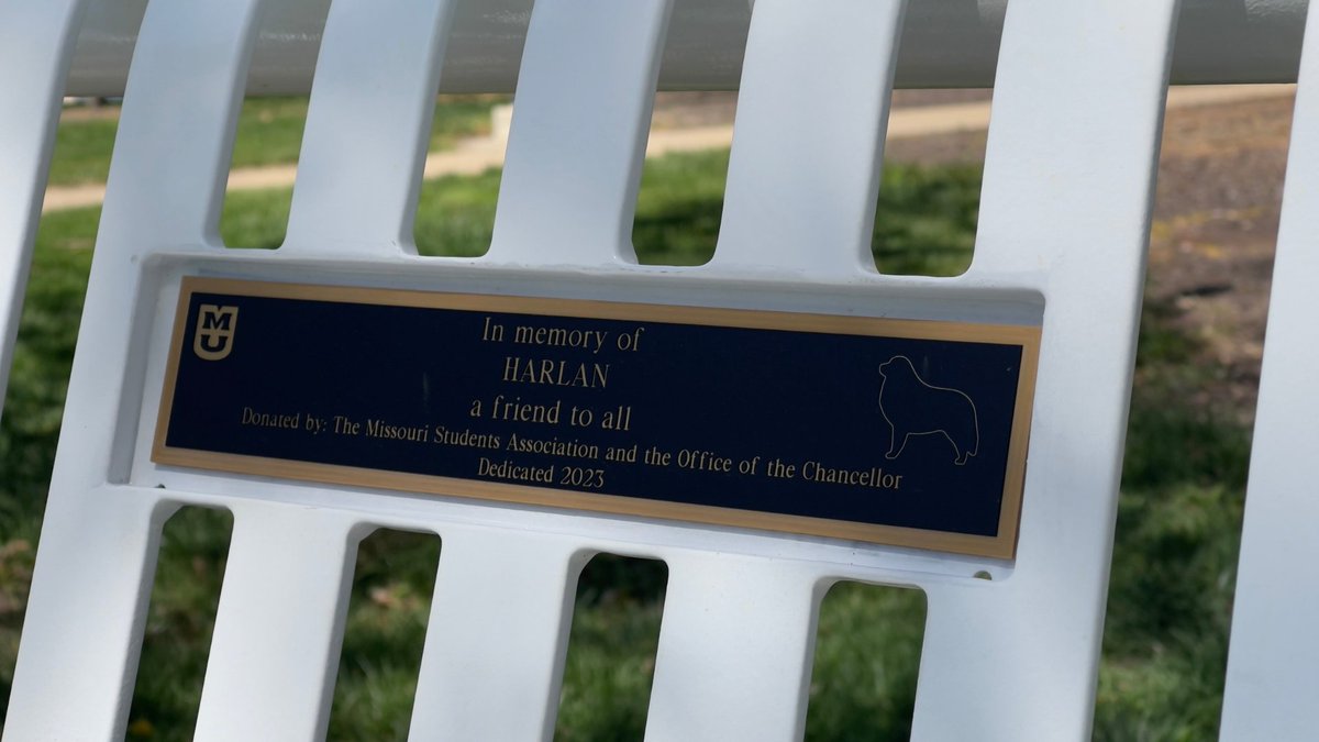 Mizzou's tweet photo. A large crowd gathered in Peace Park this afternoon to dedicate a white bench in memory of Harlan, the beloved Great Pyrenees. 

President Choi attended the dedication and thanked Harlan’s owners for sharing him with the #Mizzou community. 🖤💛

Read: https://t.co/VfKCW0SwKn https://t.co/lJ2aIH1Pb1