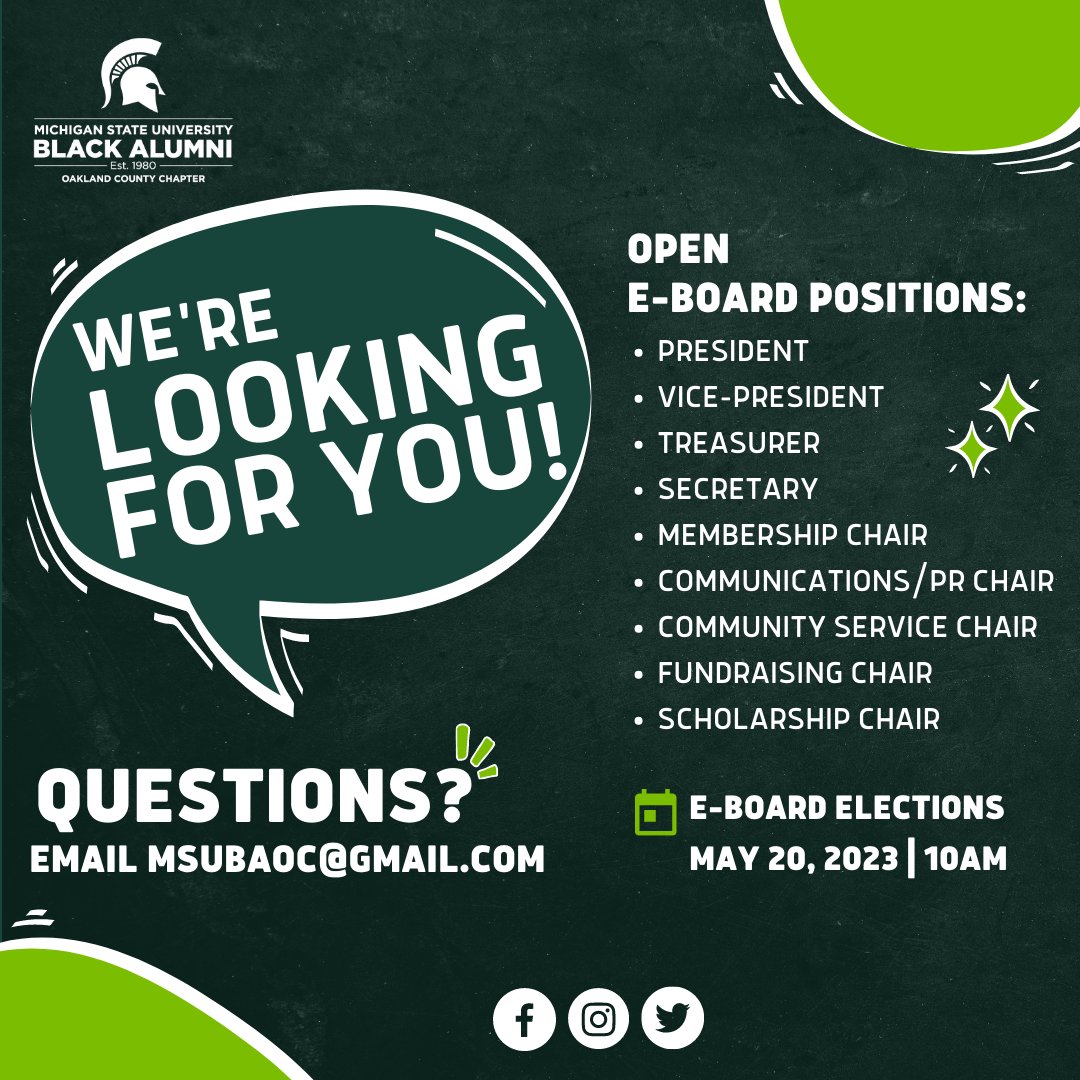 MSUBA_OC's tweet photo. Today is the last day to make an inquiry about our e-board positions. If you are interested in serving please email msubaoc@gmail.com. Elections will be held at our annual meeting on May 20 at 10am. https://t.co/Rb6HogHTlU