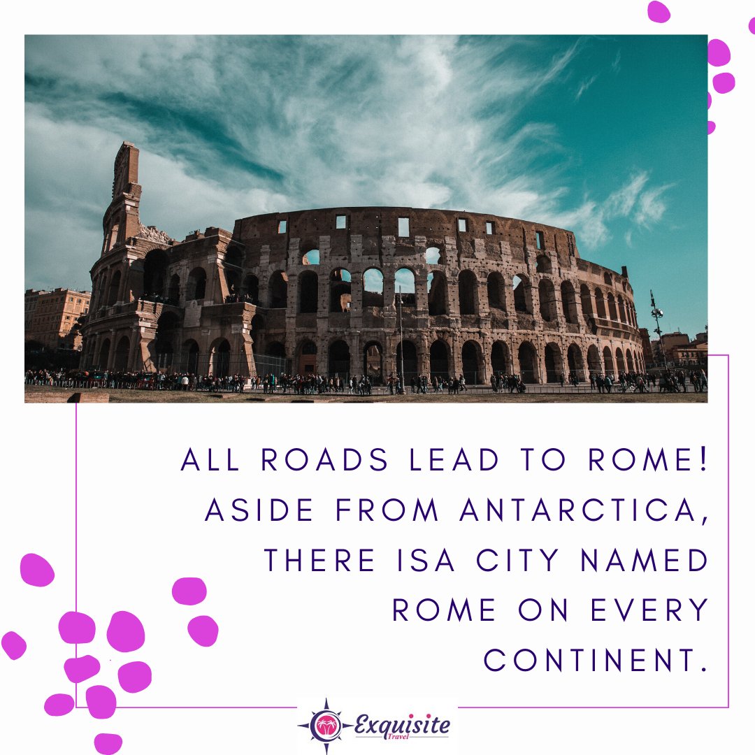 Fun Fact Friday: 
Aside from Antarctica, there's a city named Rome on every continent! Let Exquisite Travel take you on a journey to explore the world's Rome cities. 
#ExquisiteTravel #ExploreRome'