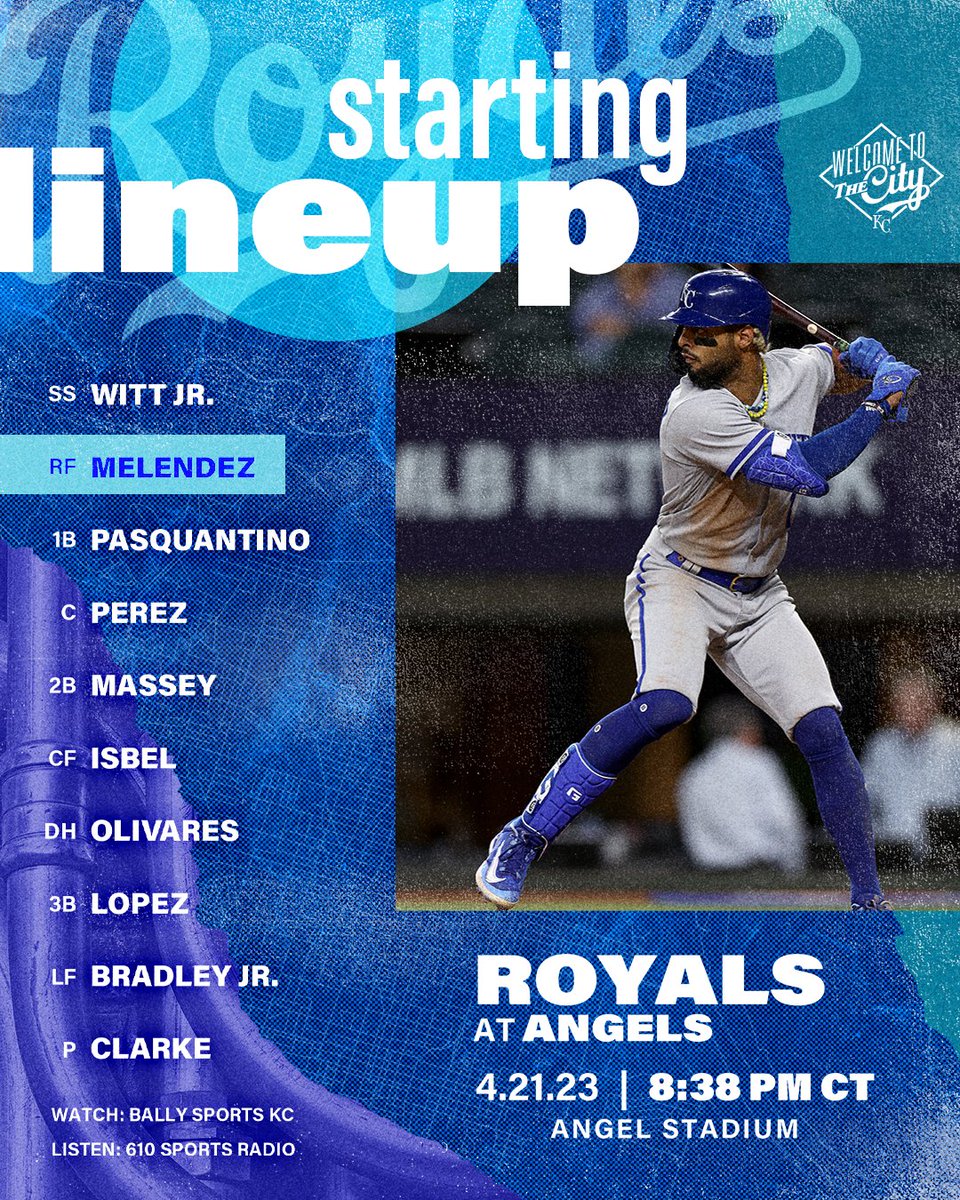 The Royals lineup for April 21 at the Los Angeles Angels:

SS Bobby Witt Jr.
RF MJ Melendez
1B Vinnie Pasquantino
C Salvador Perez
2B Michael Massey
CF Kyle Isbel
DH Edward Olivares
3B Nicky Lopez
LF Jackie Bradley Jr.

P Taylor Clarke

Watch: Bally Sports KC
Listen: KCSP 610 AM

First pitch from Angel Stadium in Anaheim, CA is set for 8:38 p.m. CT. Go Royals!

Pictured: MJ Melendez, wearing a full gray Royals road uniform, kicks his leg to hit in the batter's box. (Photo by Tom Pennington/Getty Images)