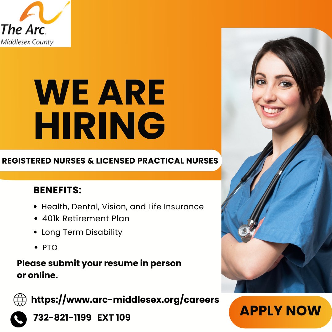 thearcmiddlesex's tweet photo. Are you a Registered Nurse or Licensed Practical Nurse looking for a fulfilling career with a nonprofit organization?

Join our team of professionals at The Arc Middlesex County today!

Please submit your resume in person or online at https://t.co/YYImcIe1tU

#thearcmiddlesex https://t.co/Ex47VeBYKY
