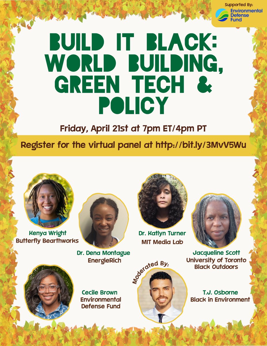 BlackInEnviron's tweet photo. Time for collective visioning! Our panel, "Build It Black: World Building, Green Tech & Policy" is TONIGHT @ 7PM EST with @energierich1, @KatlynMTurner, @BlackOutdoors1, @cecilegbrown, @tjosborne_ and others! #BuildItBlack
Register here: https://t.co/nS49rk8xeI https://t.co/d5PVFi213N